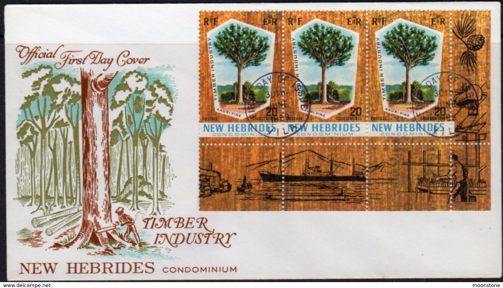 New Hebrides 1969 Timber Industry Strip Of 3 On FDC, Used, SG 135 - Used Stamps