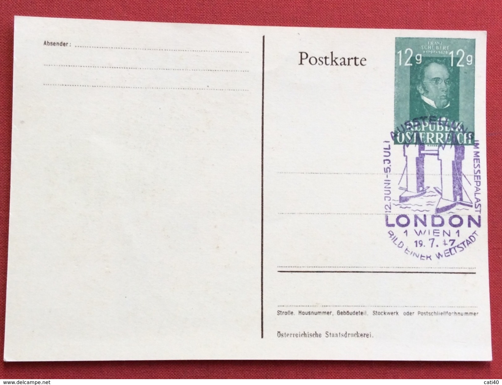 AUSTRIA CARTOLINA POSTALE 12 G. DEL PRESIDENTE  CON ANNULLO SPECIALE LONDON WIEN 19/7/47 - Altri & Non Classificati