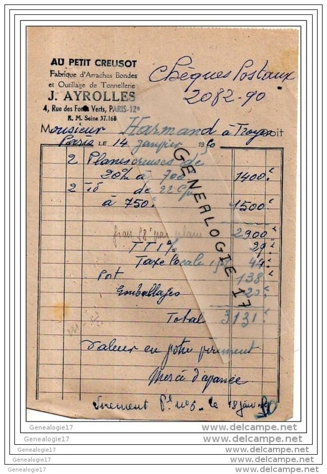 75 3955 PARIS 1950 AU PETIT CREUSOT Fabrique Arrache Bonde Tonnelerie J. AYROLLES 4 Rue Fonds Vert Dest HARMAND - 1950 - ...