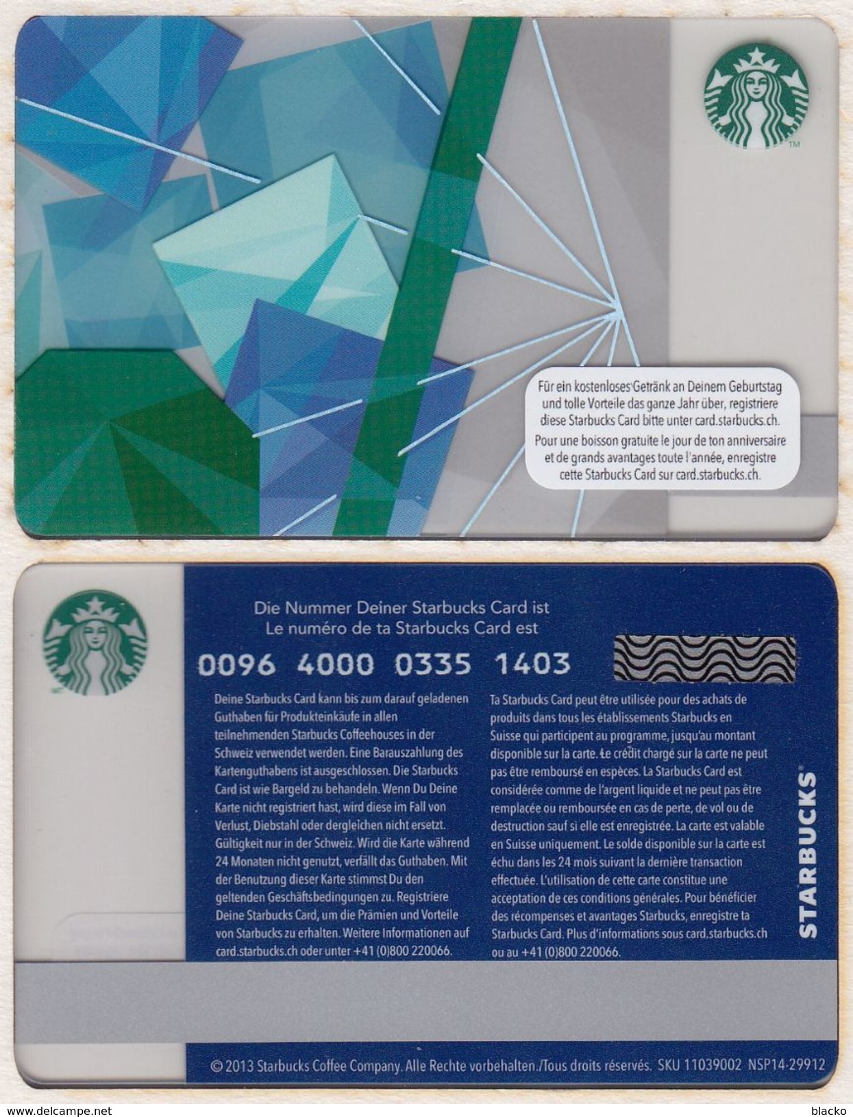 Starbucks - Switzerland - 2013 - CN 0096 4000 0335 - Ice Cubes - Gift Cards