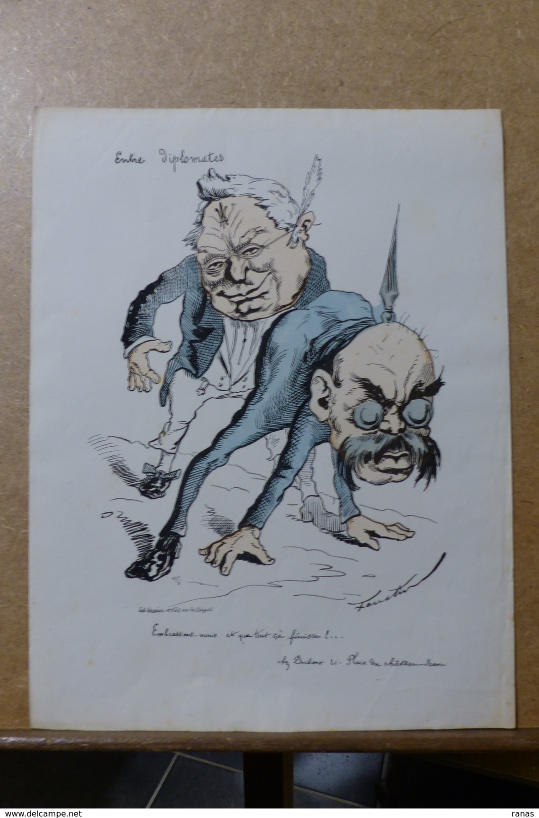 Estampe Gravure Satirique Caricature D'époque 1870  Bismarck Thiers Faustin 36 X 27,5 - Stiche & Gravuren