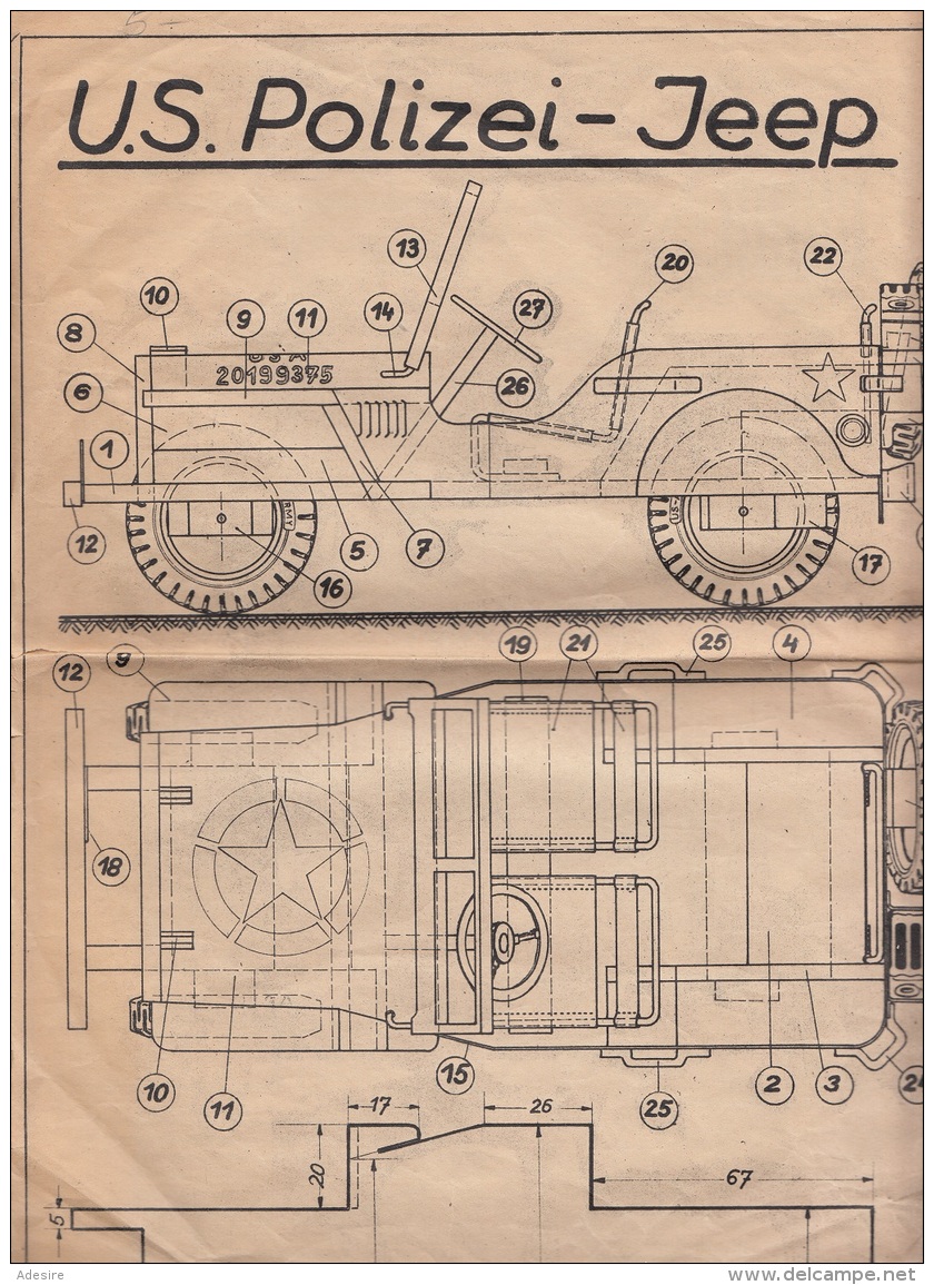 ALTER PLAN/SKIZZE EINES U.S. POLIZEI - JEEP, Plan Gefaltet, Größe 64 X 49,5 Cm - Police