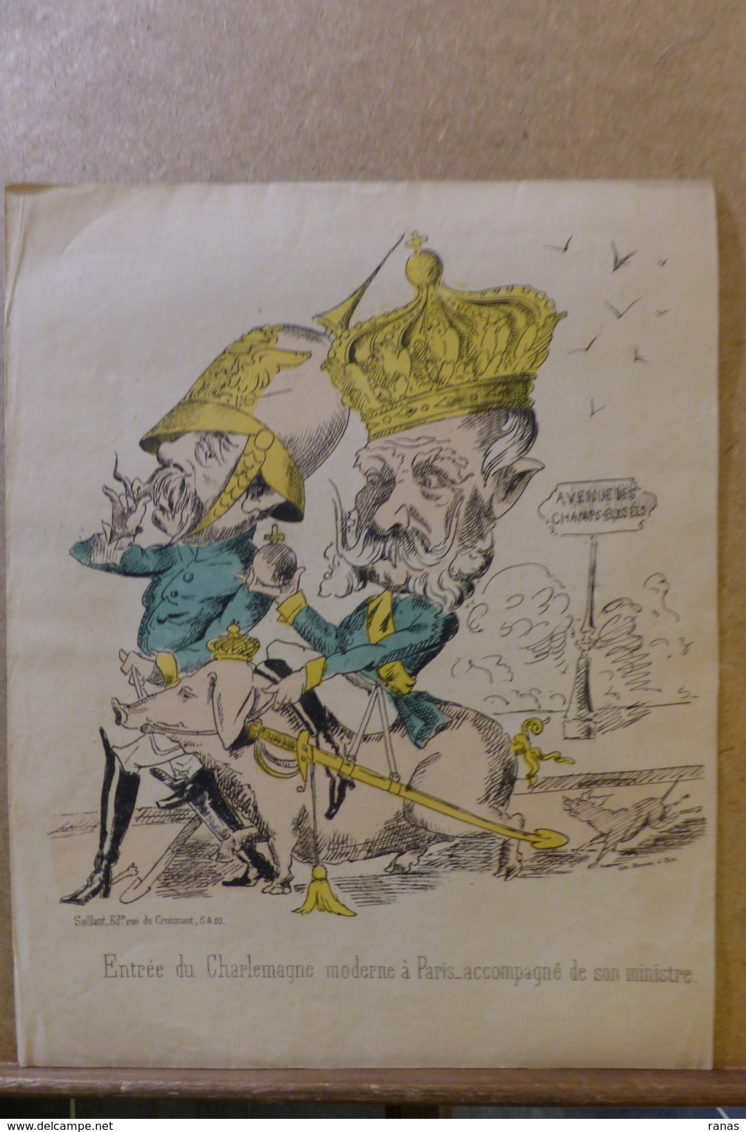 Estampe Gravure Satirique Caricature D'époque 1870 Bismarck Cochon Pig Guillaume Paris 35,5 X 28 - Estampas & Grabados