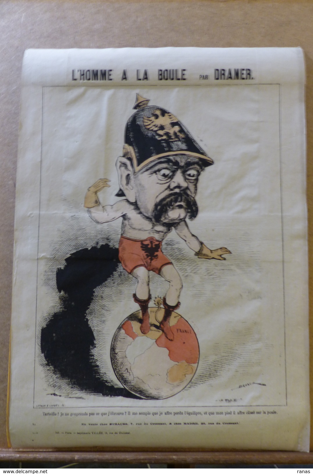 Estampe Gravure Satirique Caricature D'époque 1870 Bismarck Par DRANER Planisphère 43,5 X 31 - Stiche & Gravuren