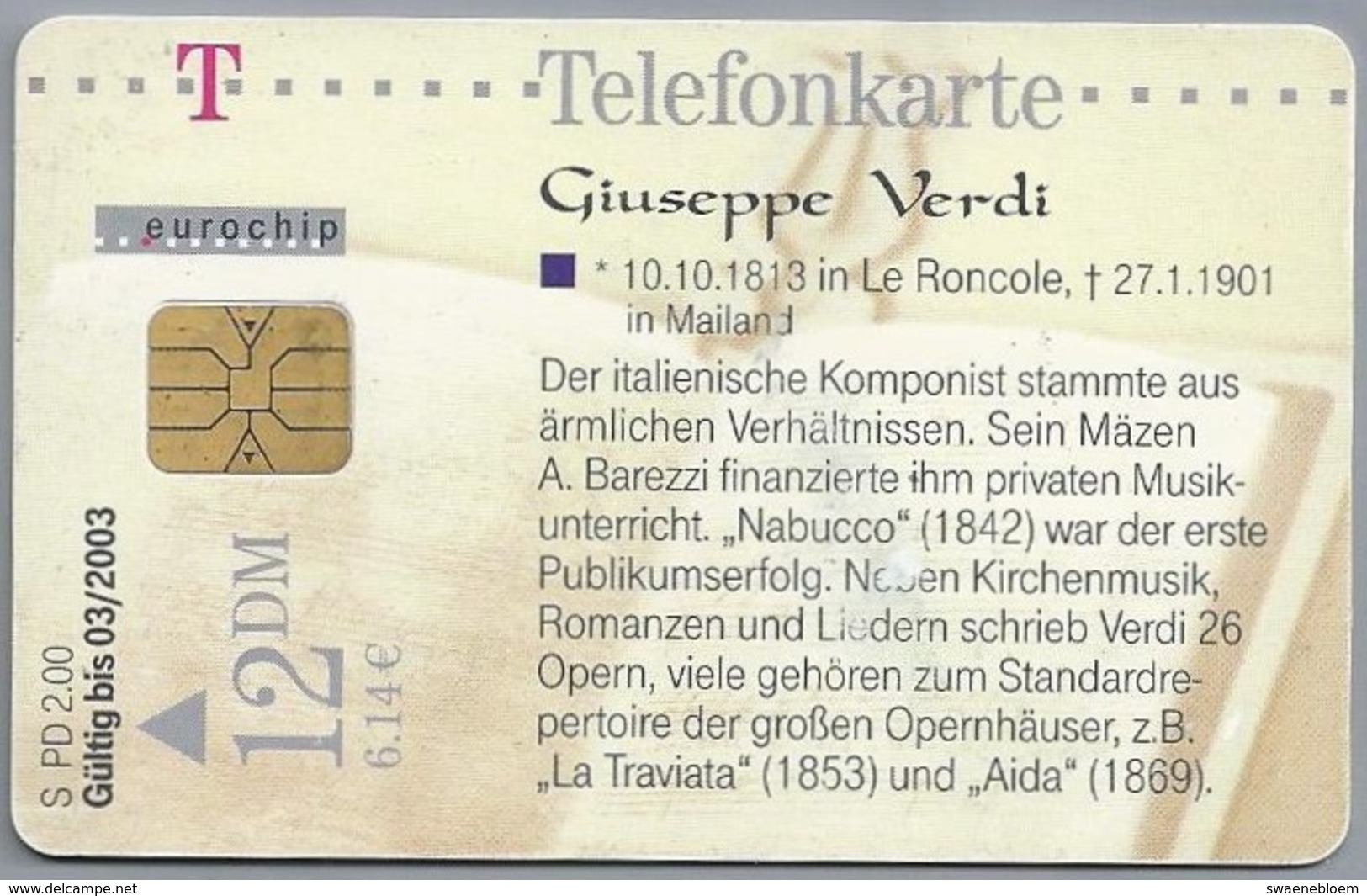 DE.- Telefoonkaart. Telecom TELEFONKARTE. 12 DM. - Giusseppe Verdi. Komponist. - P & PD-Series : D. Telekom Till