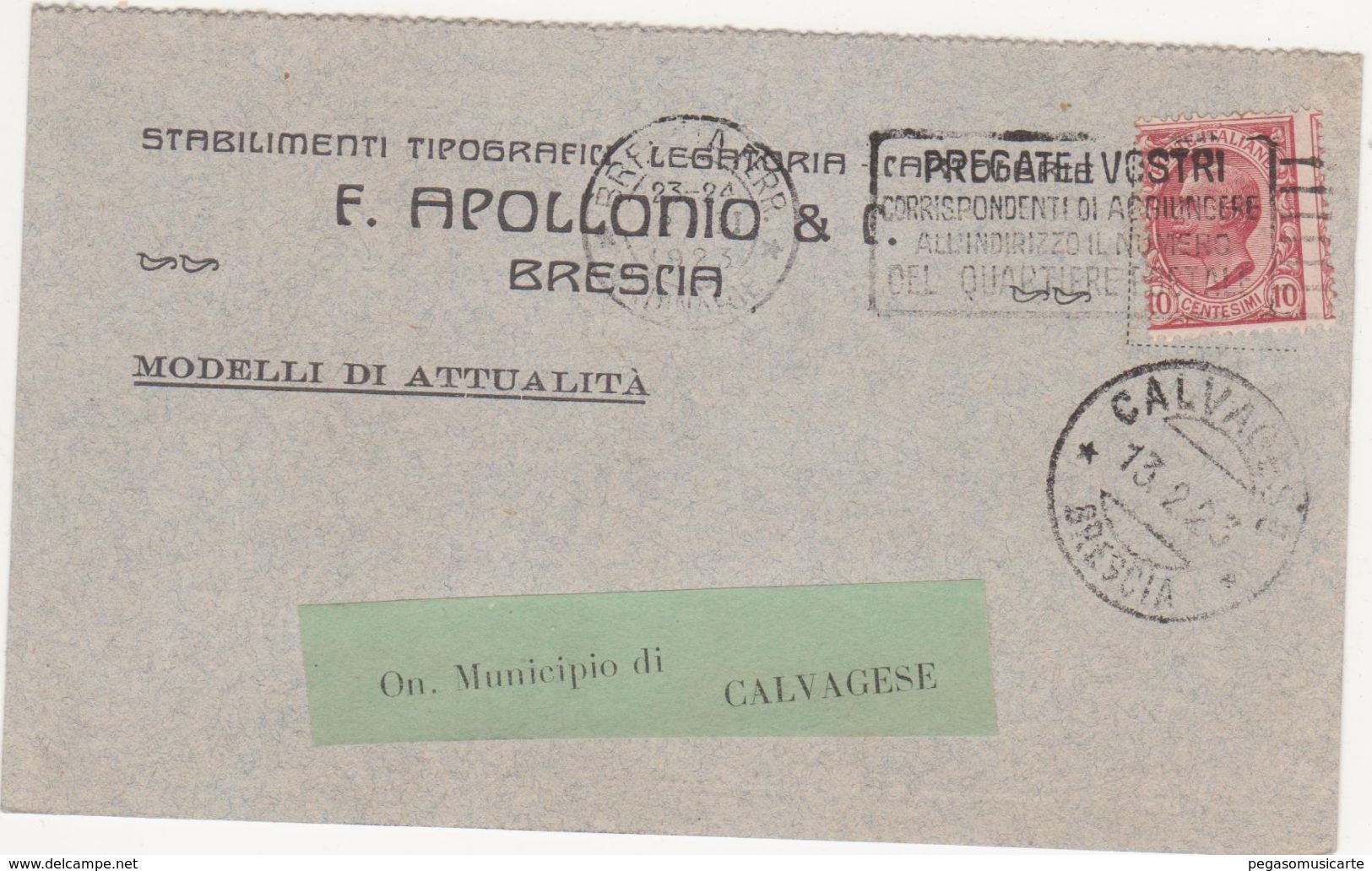 392 - STABILIMENTI GRAFICI LEGATORIA CARTOLERIA F APOLLONIO & C BRESCIA AL MUNICIPIO DI CALVAGESE 1923 STORIA POSTALE - Publicidad