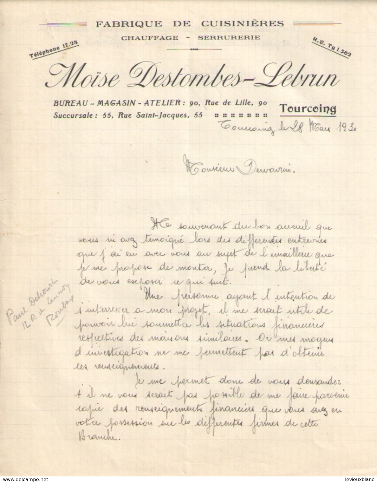 Lettre Ancienne/Fabrique De Cuisinières/Chauffage Serrurerie/Moïse DESTOMBES-LEBRUN/ TOURCOING/1930  FACT259 - Autres & Non Classés