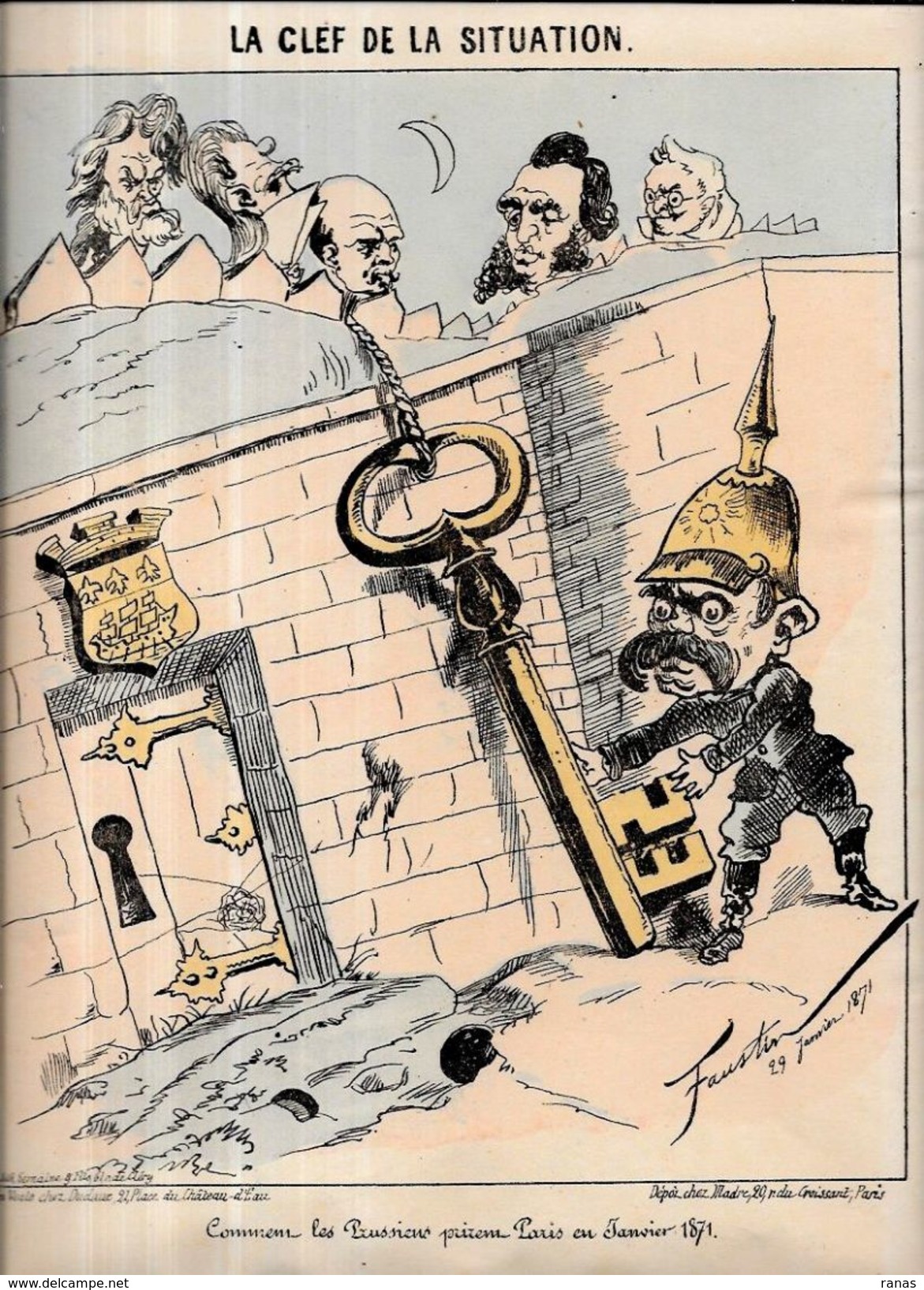 Estampe Gravure Satirique Caricature D'époque 1870 Bismarck Clef Paris Thiers Jules Ferry Trochu Favre Faustin 32,5X28,5 - Stiche & Gravuren