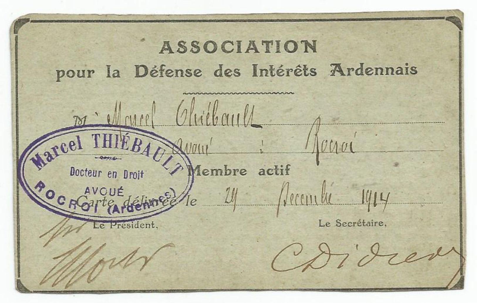 Rare  Association Pour La Defense Des Interets Ardennais 24 Decembre 1914   Cachet  Rocroi  Ardennes - Non Classés