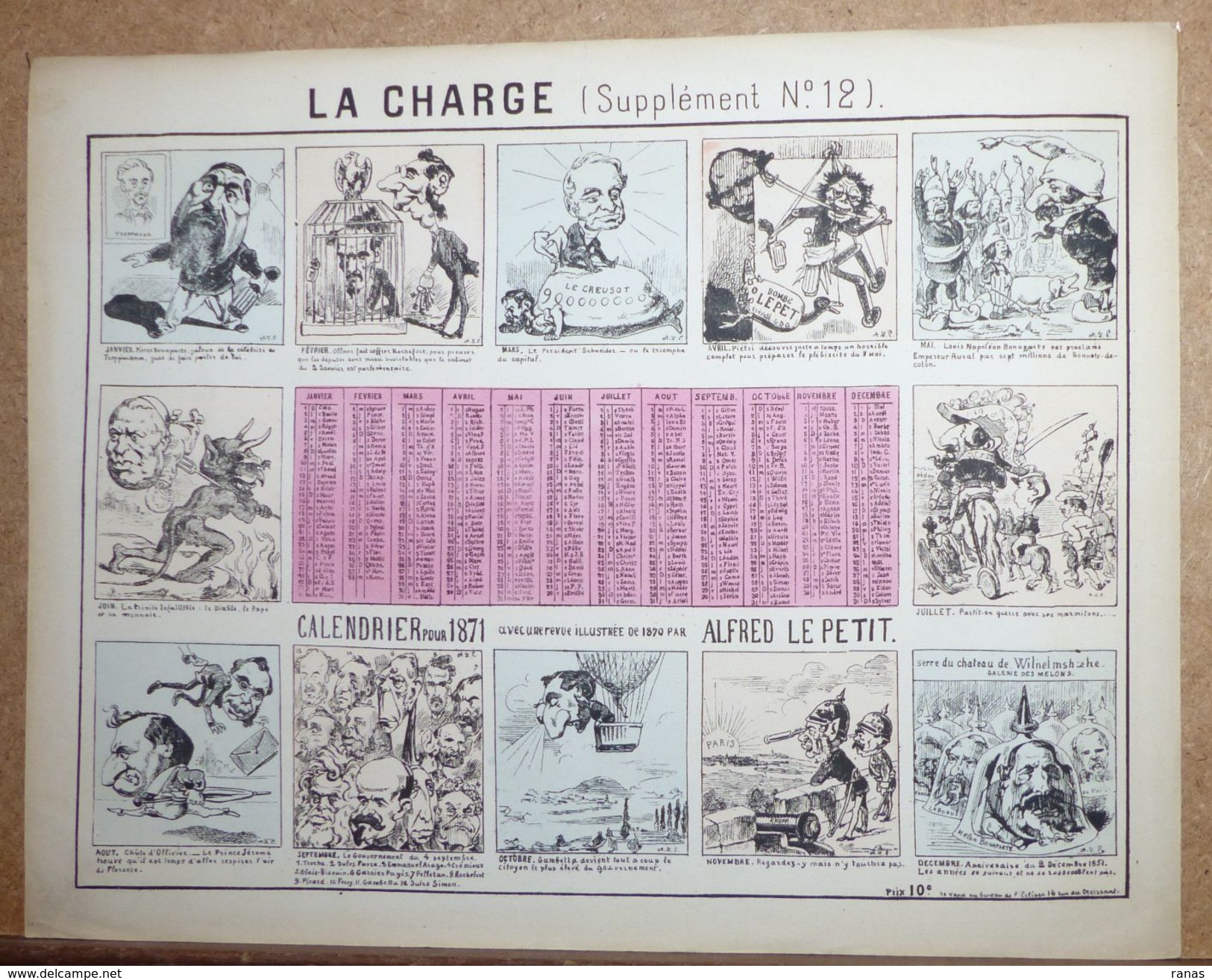 Estampe Gravure Satirique Caricature D'époque 1871 Calendrier Gambetta Trochu Napoléon III La Commune Alfred Le Petit - Prints & Engravings