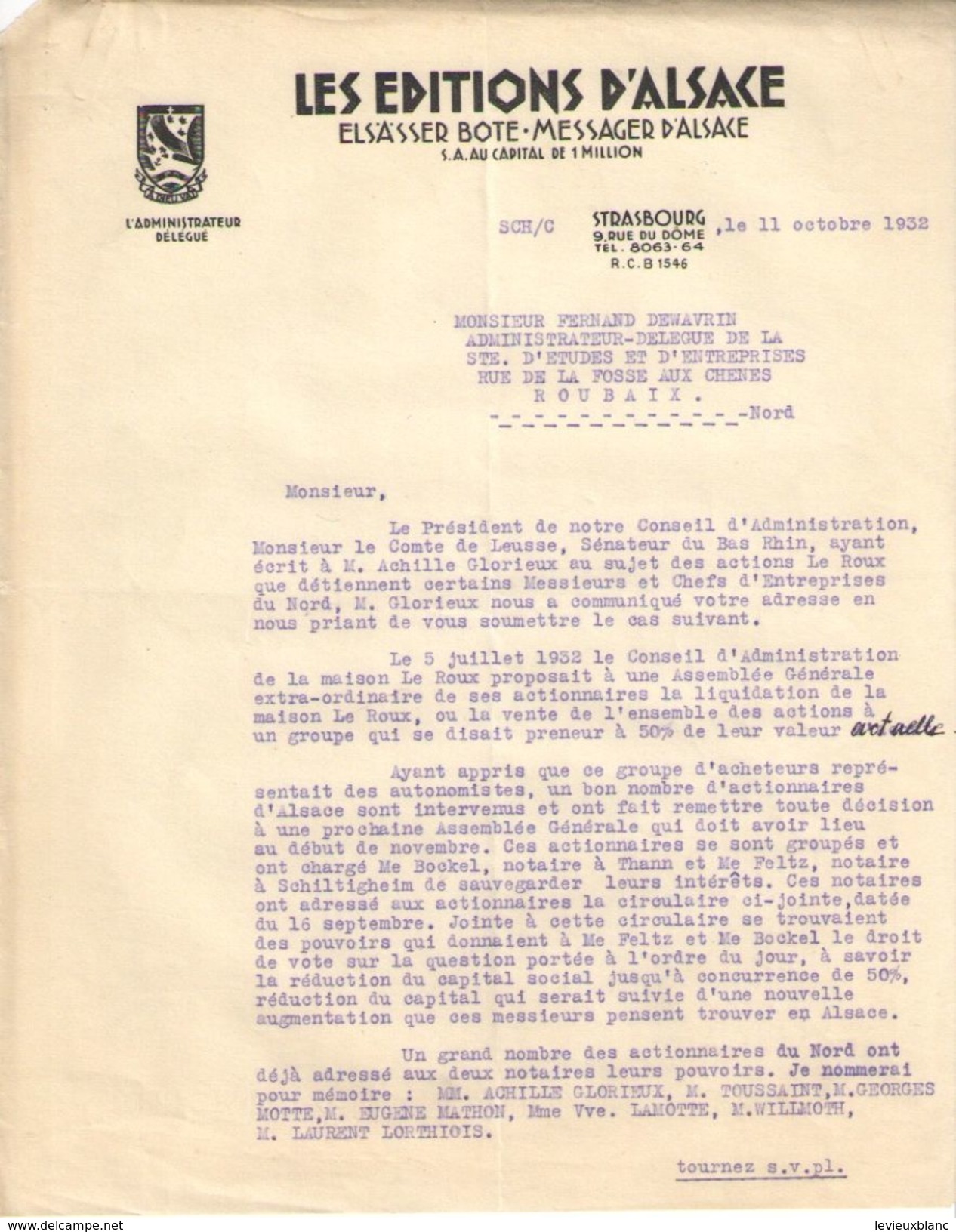 Lettre Ancienne (2 Pages)/Les Editions D'Alsace/ Administrateur Délégué/ STRASBOURG/ /1932  FACT261 - Imprimerie & Papeterie