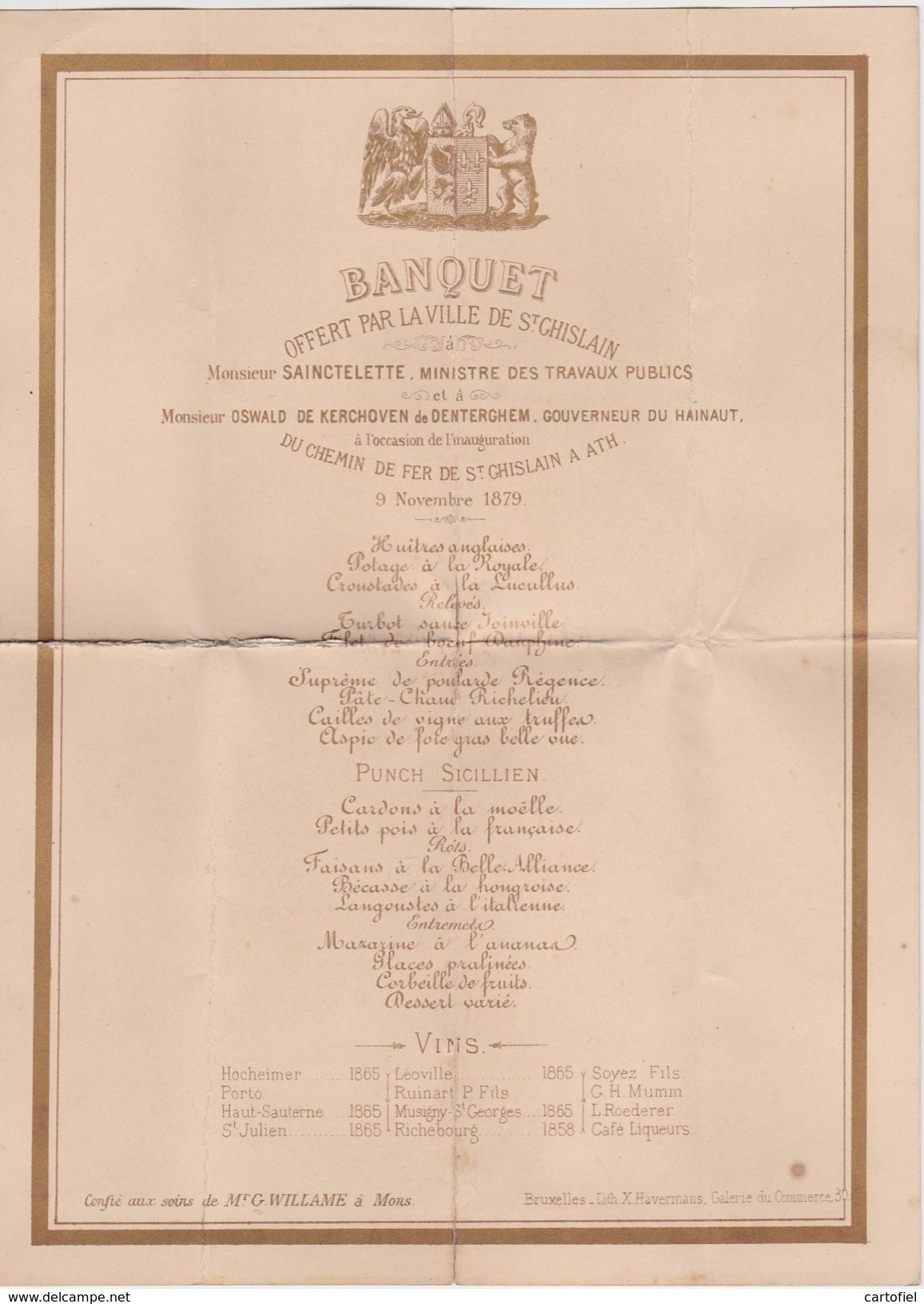 CHEMIN DE FER-INAUGURATION-SAINT-GHISLAIN-ATH-9.11.1879-BANQUET-MENU-LITHO-HAVERMANS-DOCUMENT EXTRA-RARE-VOYEZ 2 SCANS! - Documents Historiques