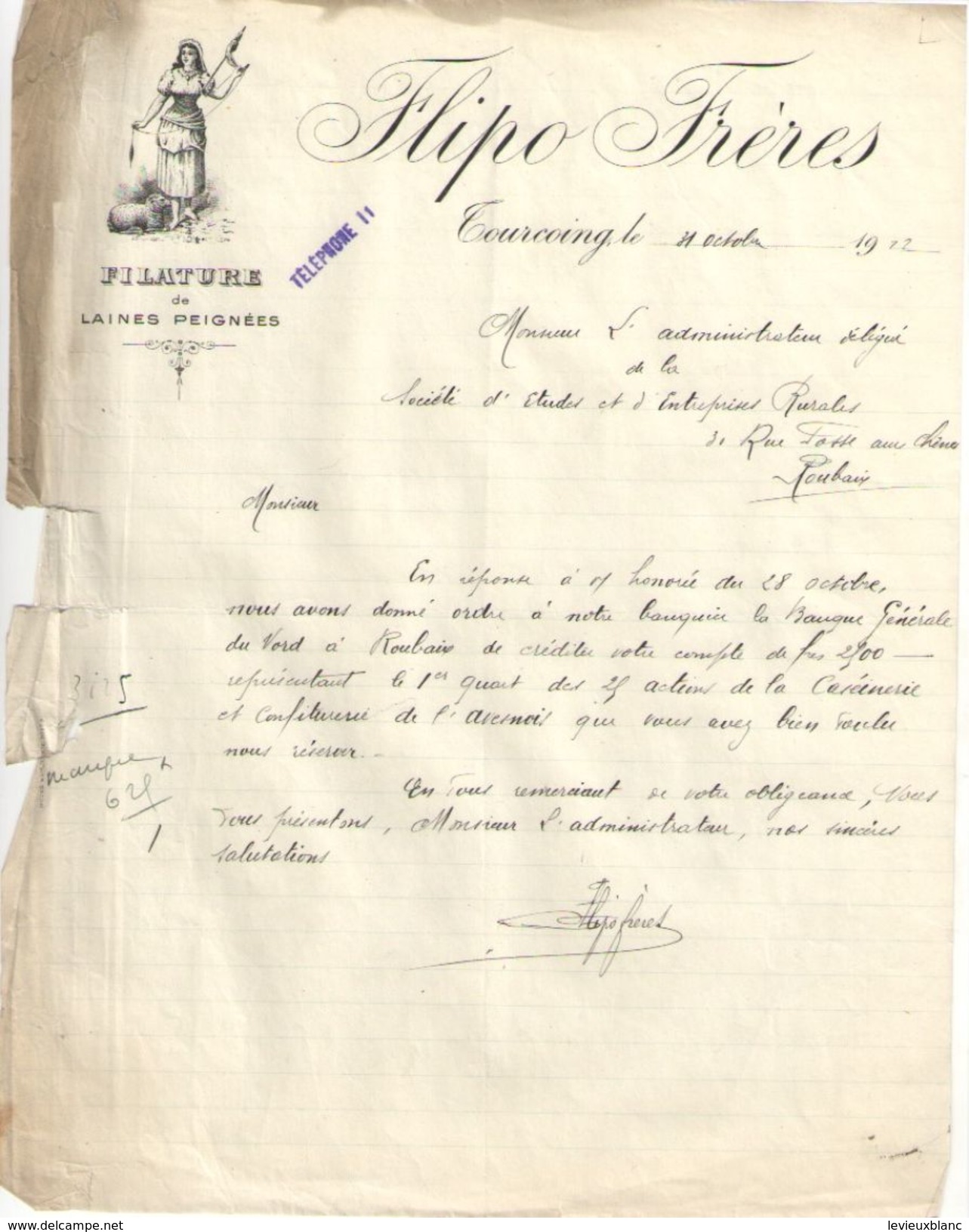 Lettre Ancienne/ Filature De Laines Peignées/ FLIPO-FRERES / TOURCOING / Nord /1912  FACT263 - Textile & Vestimentaire