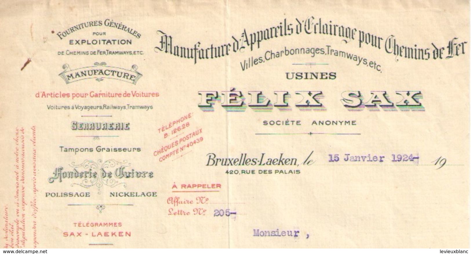 Lettre Ancienne/Manufacture D'Appareils D'Eclairage Pour Chemins De Fer/Felix SAX/BRUXELLES/Belgique/1924        FACT265 - Transports