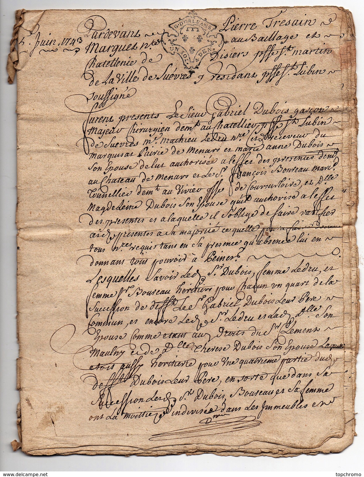 Succession Dubois à Suèvres En 4 Lots (4 Enfants) 1744 Cachet Généralité Orléans Un Sol. 4 Den. 12 Pages - Seals Of Generality