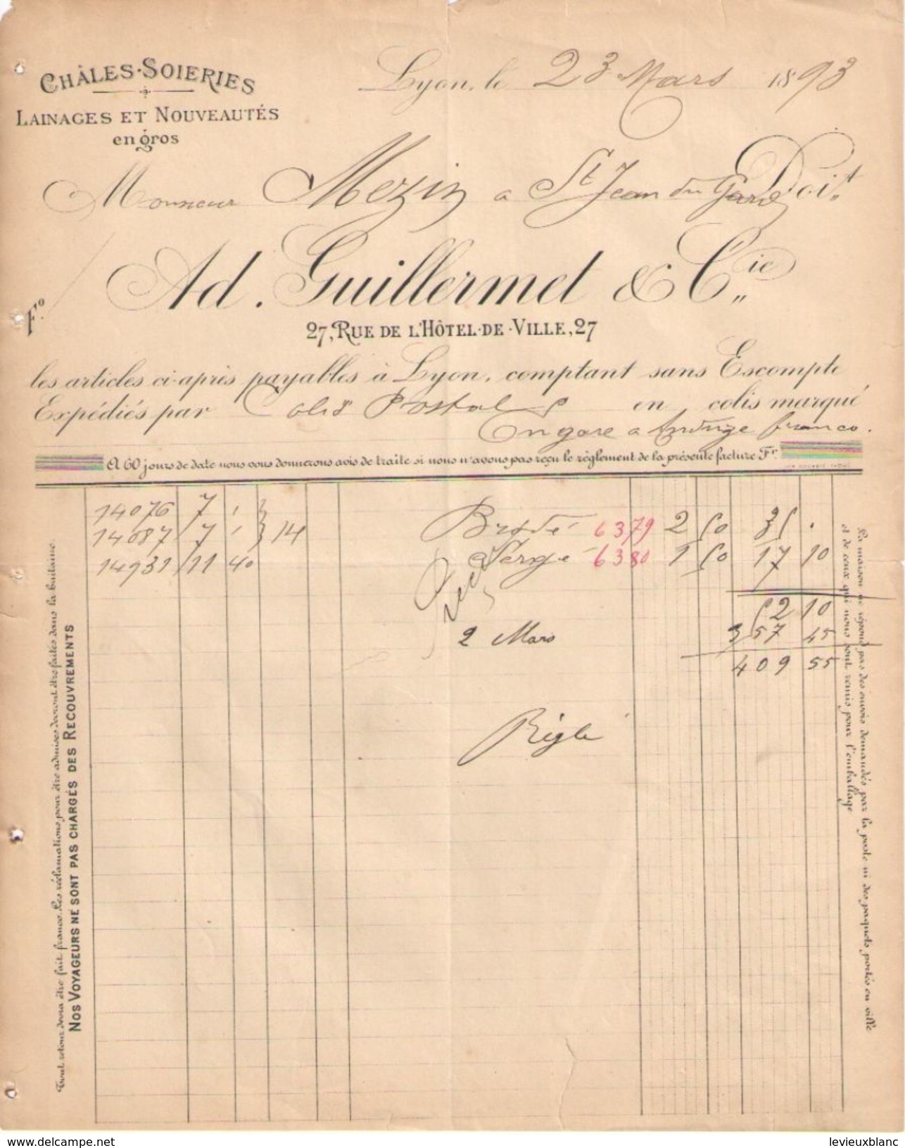 Facture  Ancienne/Châles Soieries/ Ad. Guillermet Et Cie/Rue De L'Hotel De Ville / LYON/ Rhône/1893        FACT268 - Textile & Vestimentaire