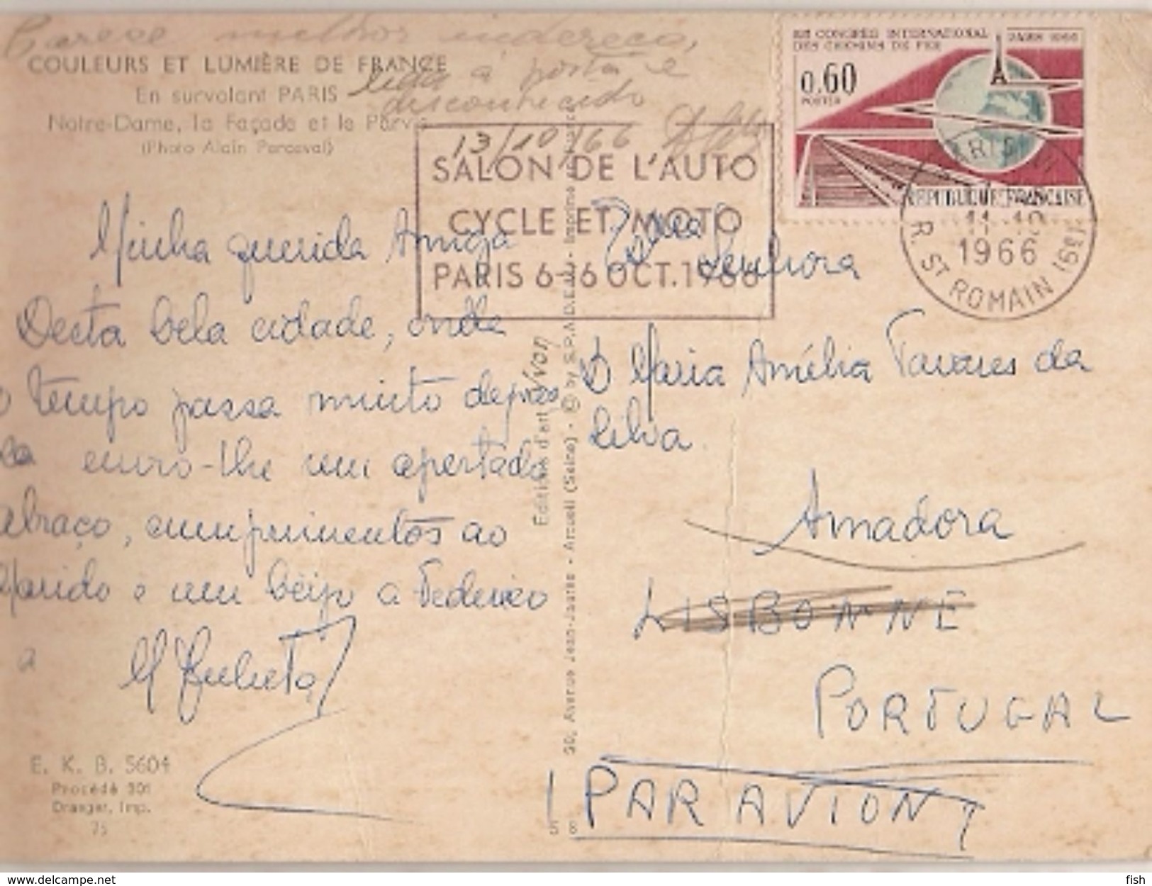 France & Postal, Notre Dame, Salon De L'Auto, Cycle Et Moto, Paris, Amadora Portugal 1966 (5604)) - Covers & Documents