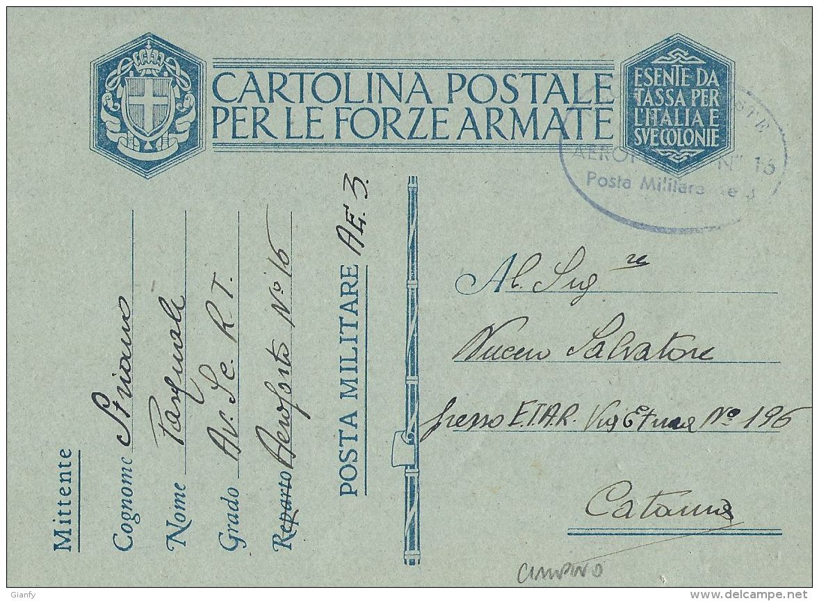 FRANCHIGIA WWII POSTA MILITARE Ae 3 AEROPORTO 16 1941 CIAMPINO X CATANIA - Poste Militaire (PM)