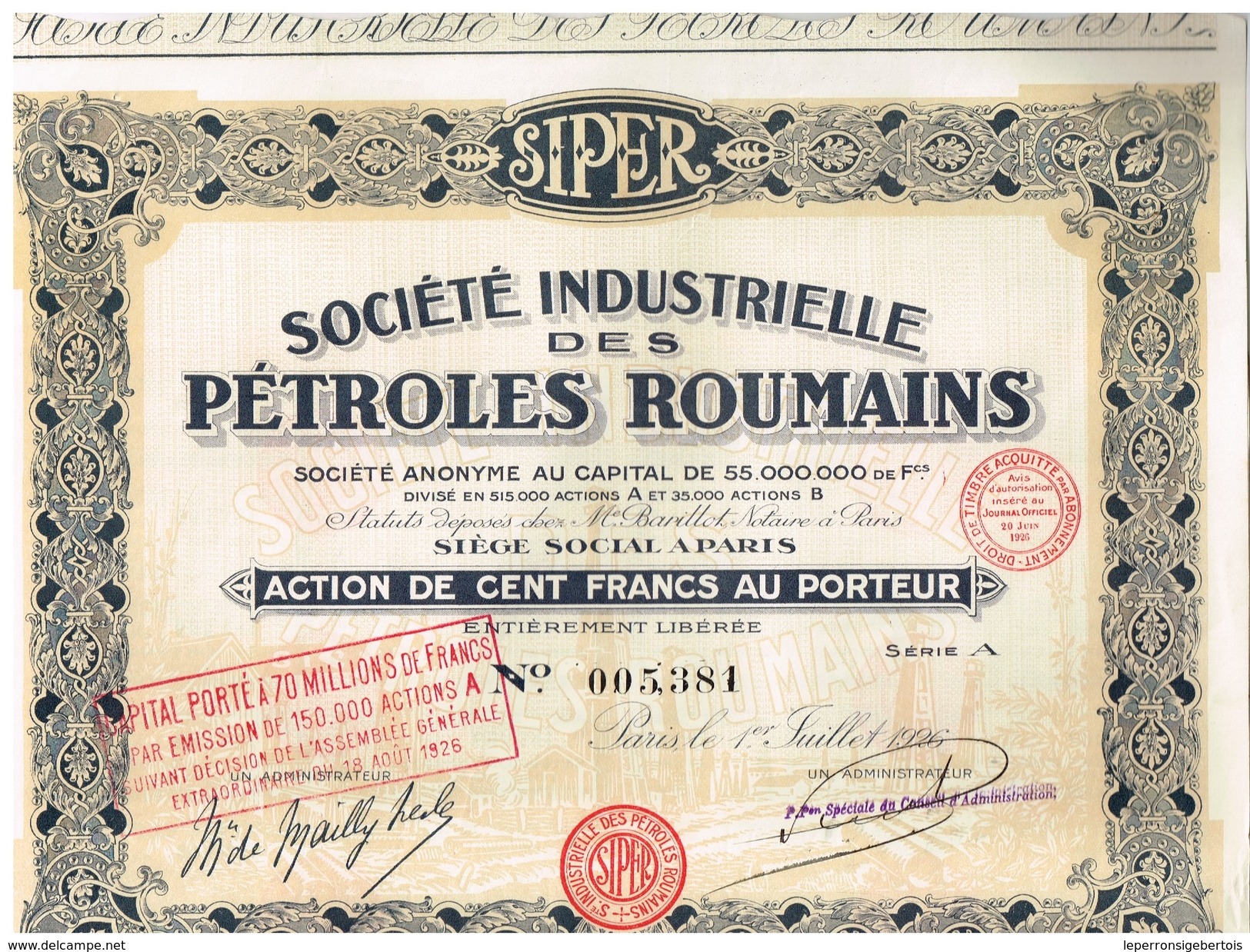 Action Ancienne - Société Industrielle Des Pétroles Roumains - Titre De 1926 - Pétrole