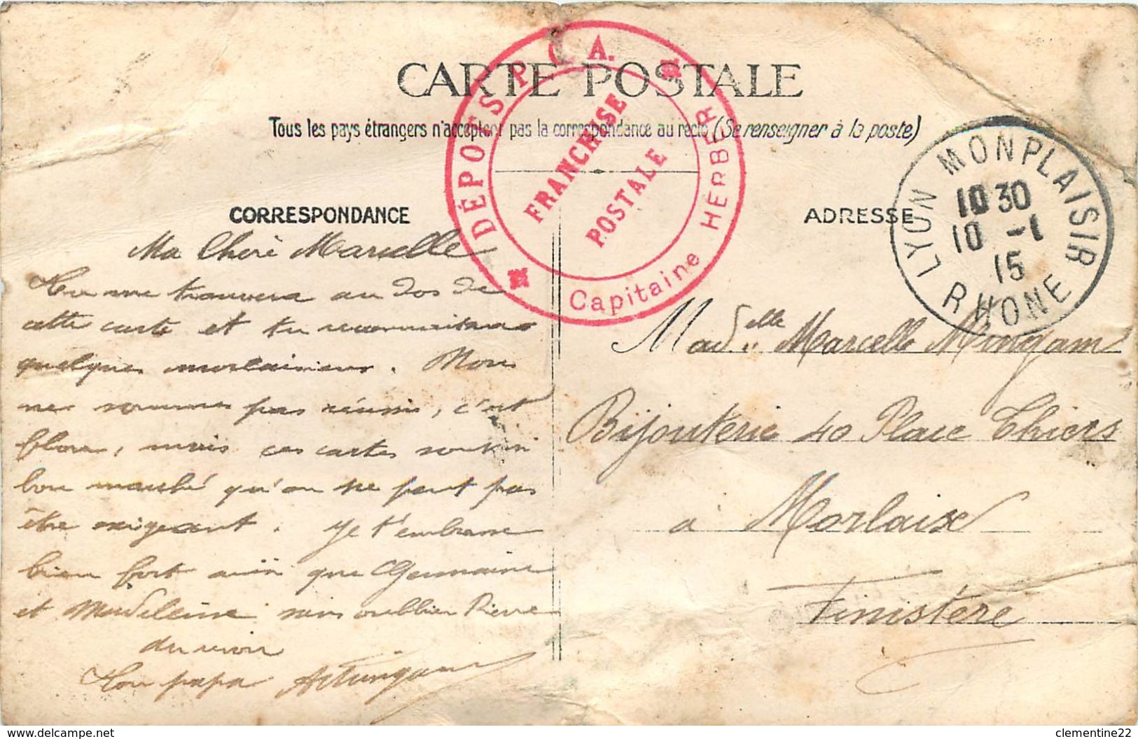 Carte Photo LYON MONPLAISIR  * Soldats * Cachet * Capitaine Herber ( Scan Recto Et Verso ) Correspondance Avec Morlaix - Lyon 8