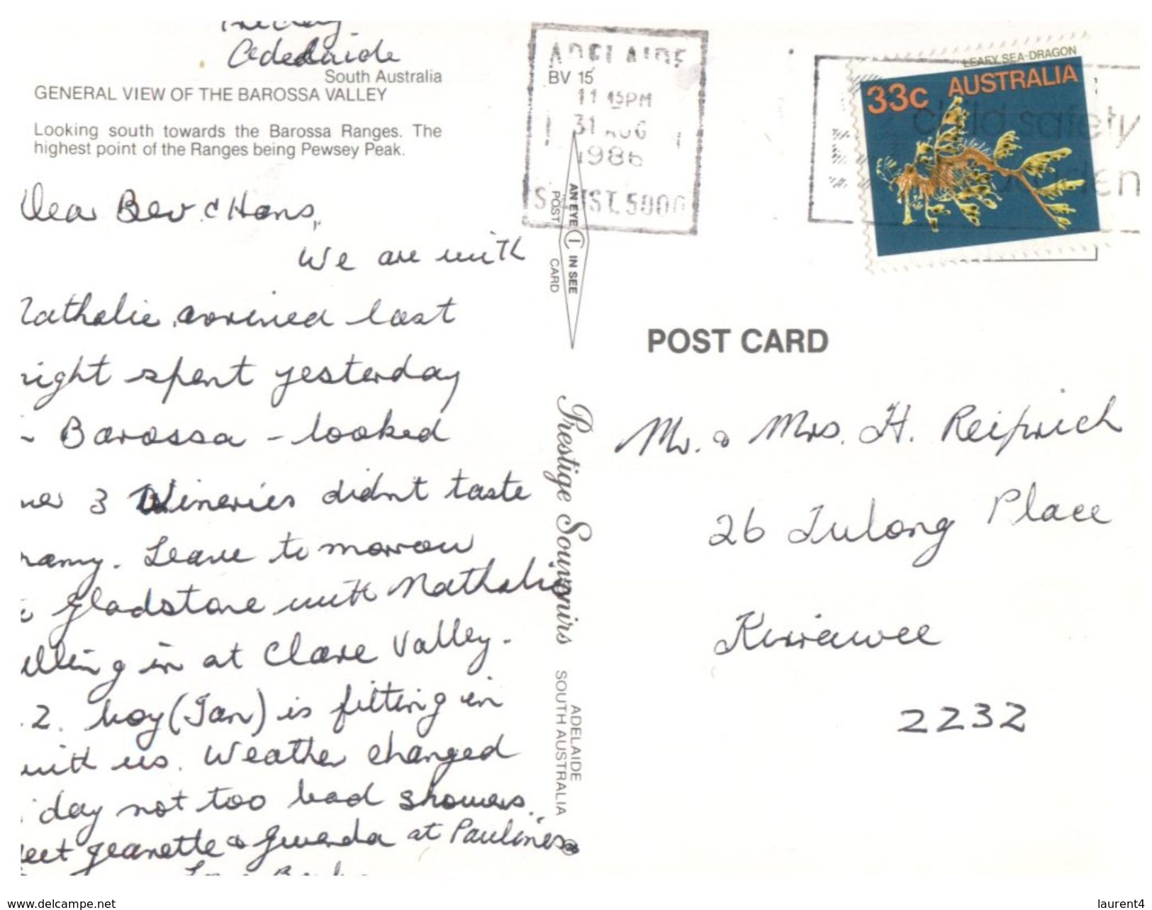 (PH 208) Australia - (with Stamp At Back Of Card) - SA - Barossa Valley - Barossa Valley