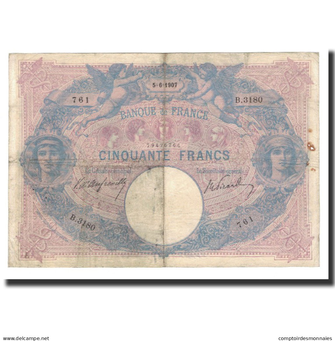 Billet, France, 50 Francs, 1907-06-5, TB, Fayette:14.19, KM:64d - 50 F 1889-1927 ''Bleu Et Rose''