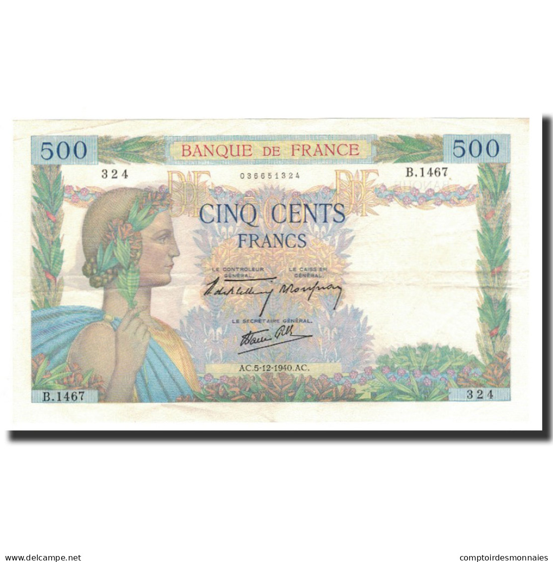 Billet, France, 500 Francs, 1940-12-5, TTB+, Fayette:32.10, KM:95a - 500 F 1940-1944 ''La Paix''