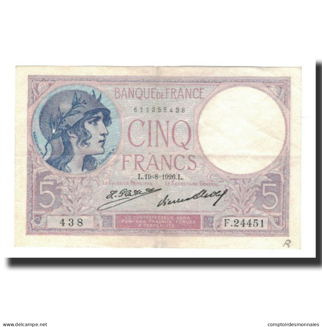 Billet, France, 5 Francs, 1926-08-19, TTB, Fayette:3.10, KM:72d - 5 F 1917-1940 ''Violet''