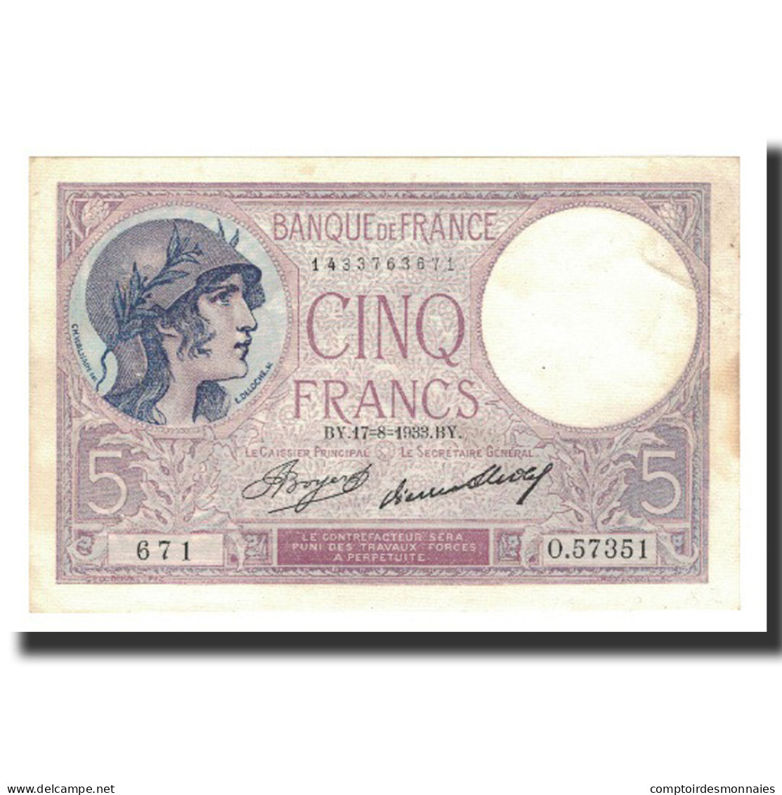 France, 5 Francs, 1933-08-17, TTB+, Fayette:3.17, KM:72e - 5 F 1917-1940 ''Violet''