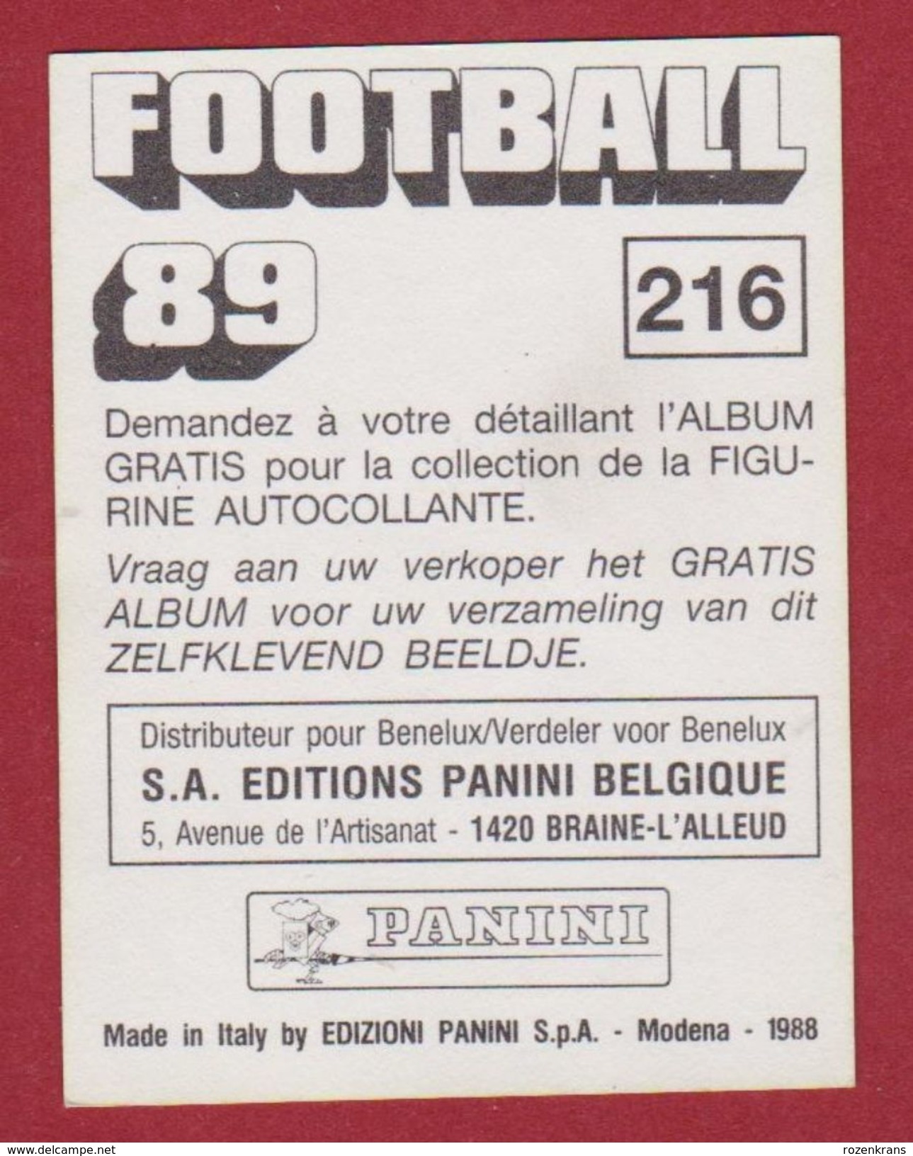 Panini Football Voetbal 89 1989 Albert Bart De Roover KSC Lokeren Sticker Nr. 216 Rijkevorsel KFC Zwarte Leeuw  Lierse - Sport