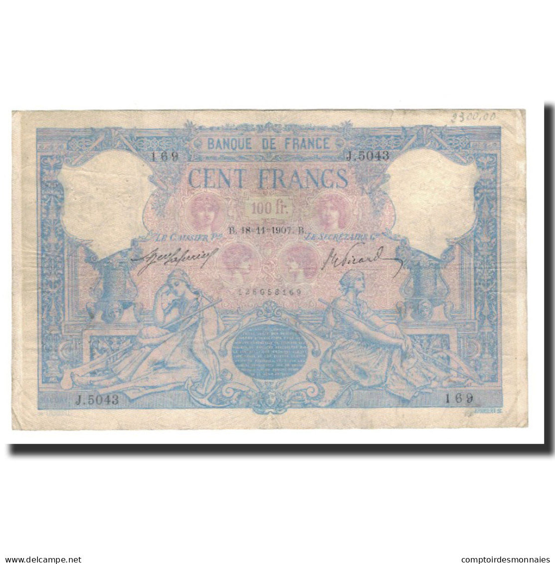 Billet, France, 100 Francs, 1907-11-18, TB+, Fayette:21.22, KM:65e - 100 F 1888-1909 ''Bleu Et Rose''