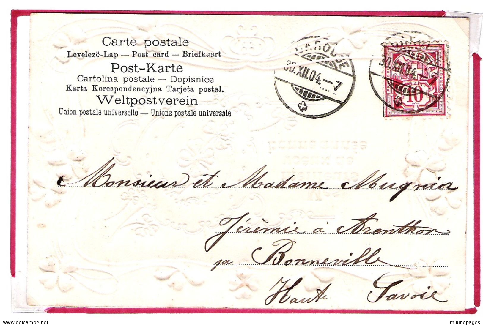 Carte Gaufrée Au Fer à Cheval Et Trèfle 4 Feuilles Origine Suisse Carouge 1904 - Autres & Non Classés