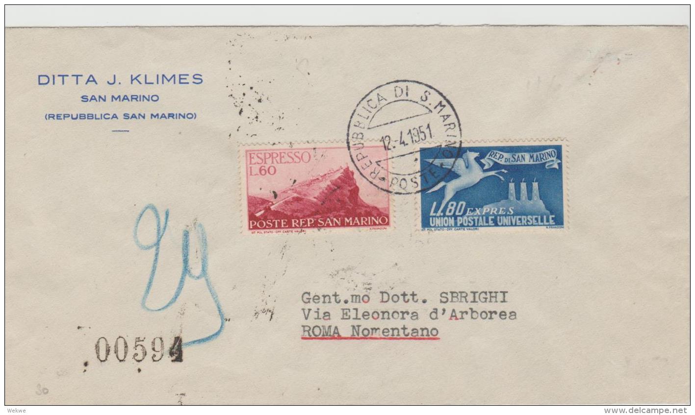 SM041 / San Marino, Brief Mit Express Marken-Frankatur 1951 Nach Rom - Storia Postale