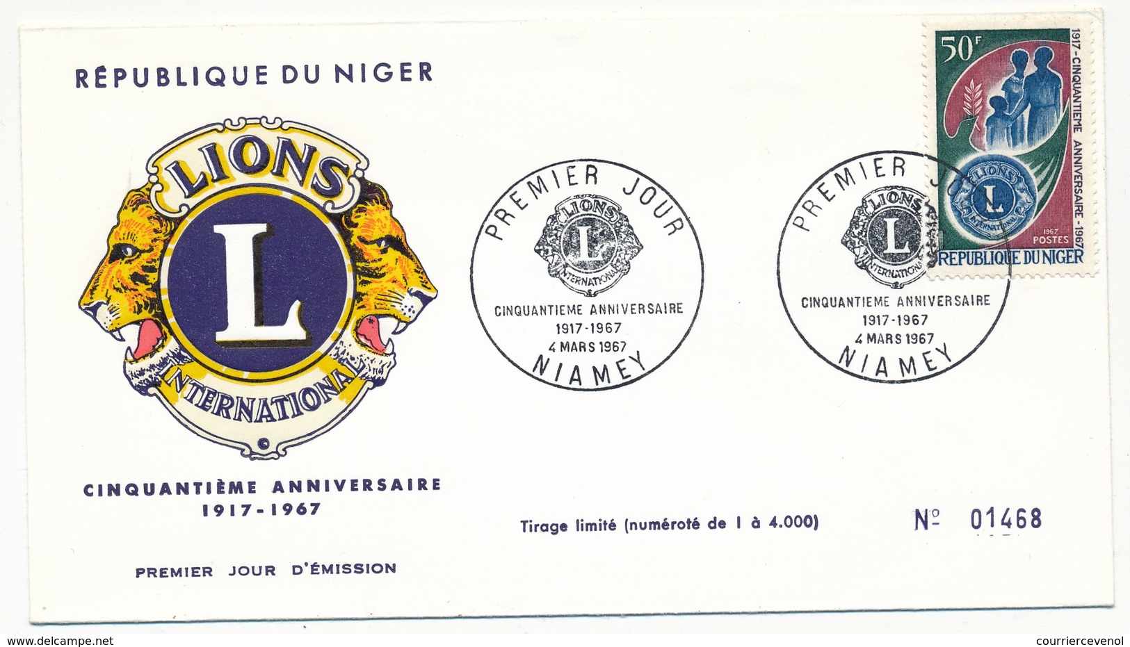 NIGER => Enveloppe FDC => Cinquantième Anniversaire Du Lion's Club - NIAMEY - 4 Mars 1967 - Niger (1960-...)
