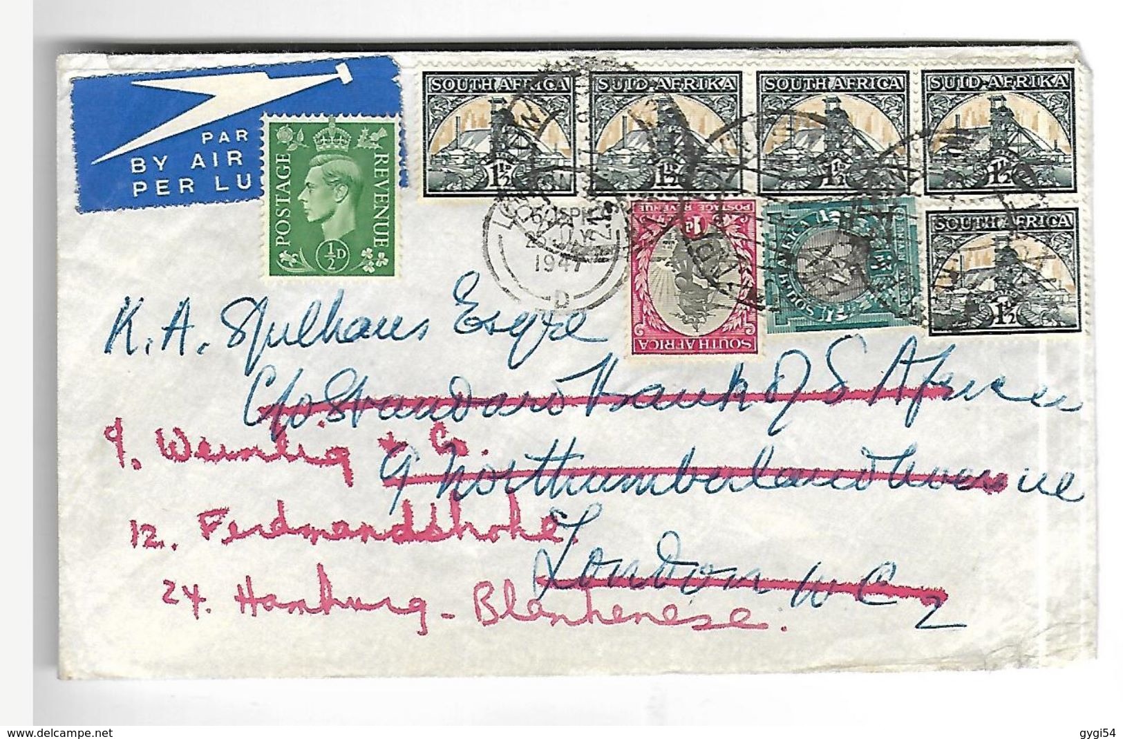 Lettre Par Avion 25 / 11 / 1947  De  Afrique Du Sud Vers Hambourg - Covers & Documents