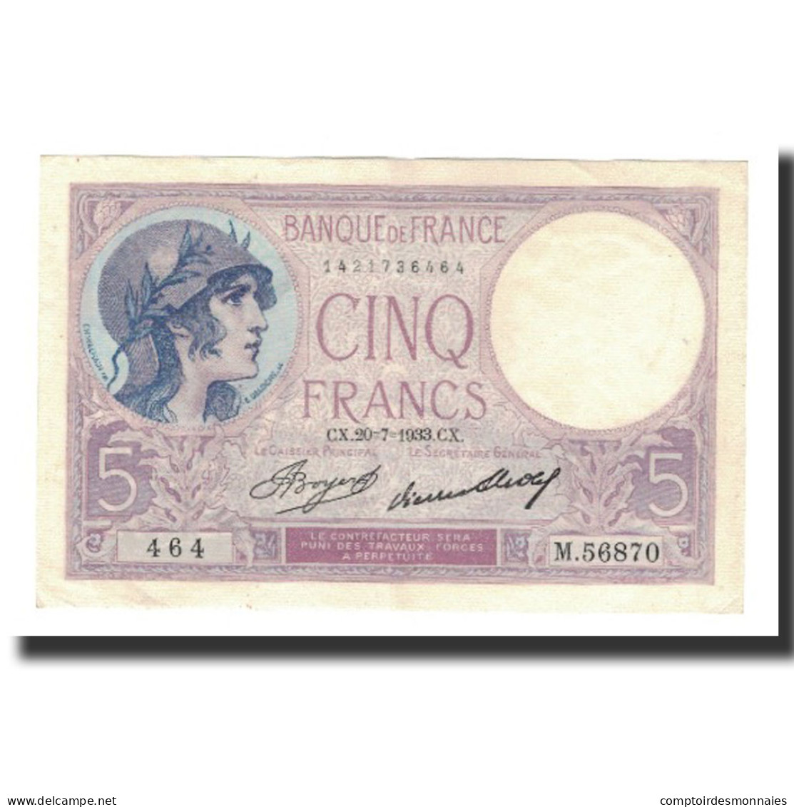 Billet, France, 5 Francs, 1933-07-20, SUP, Fayette:3.17, KM:72e - 5 F 1917-1940 ''Violet''