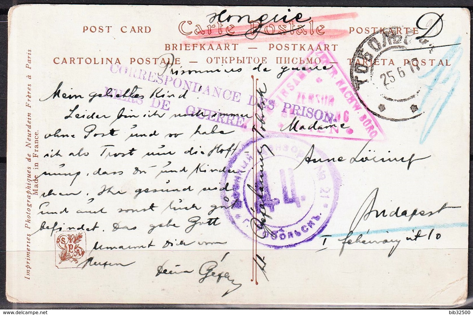 Correspondance Des Prisonniers De Guerre -:- Carte Postale Envoyée De TOBOLSK Pour BUDAPEST- - 1916-19 Ocupación Alemana