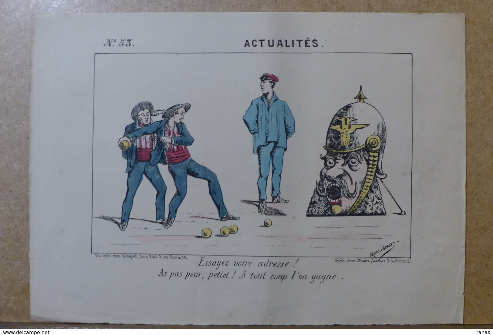 Estampe Gravure Satirique Caricature D'époque 1870 Bismarck Jeu De La Grenouille - Stiche & Gravuren