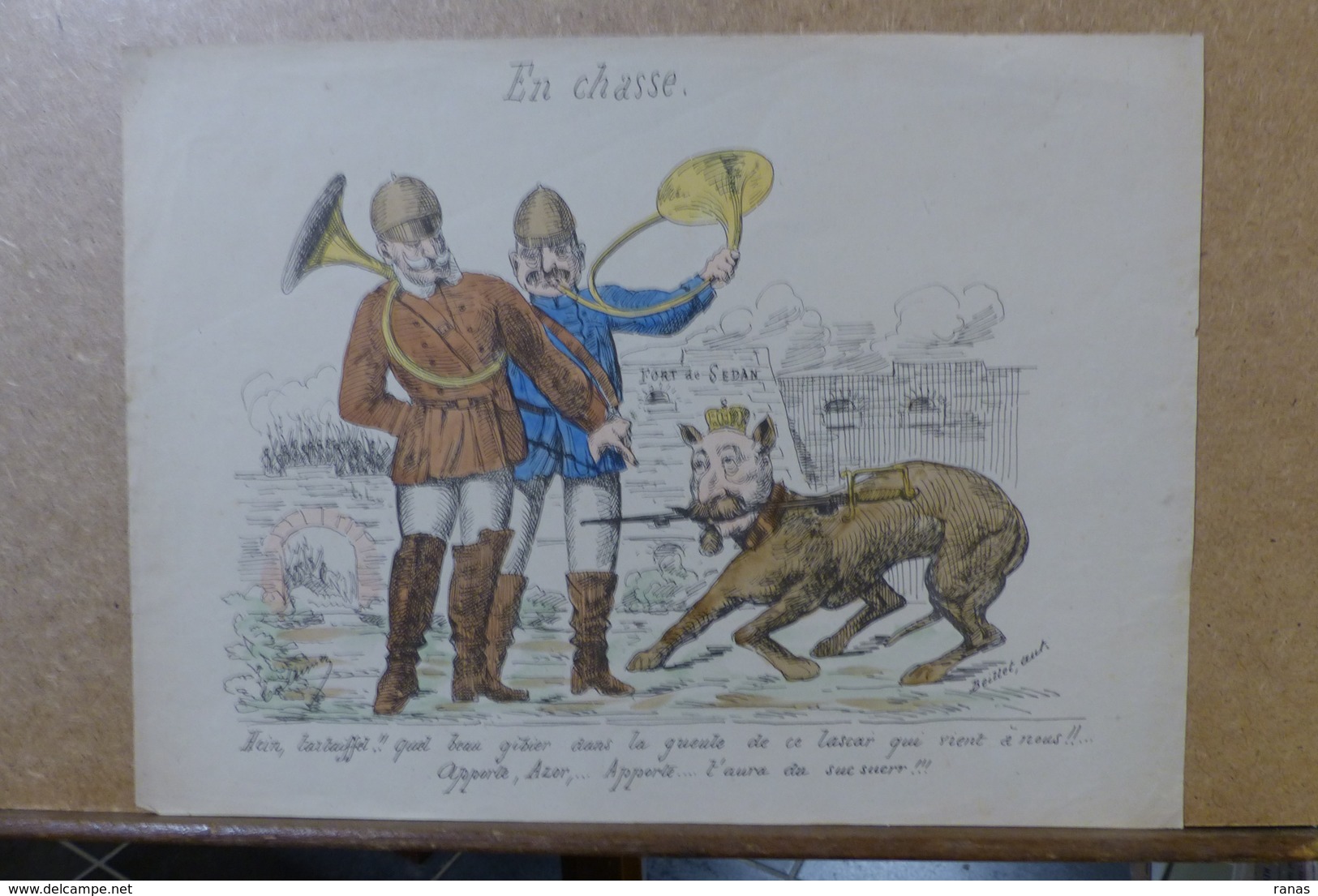 Estampe Gravure Satirique Caricature D'époque 1870 Bismarck Napoléon III Chasse à Courre Sucre - Estampes & Gravures