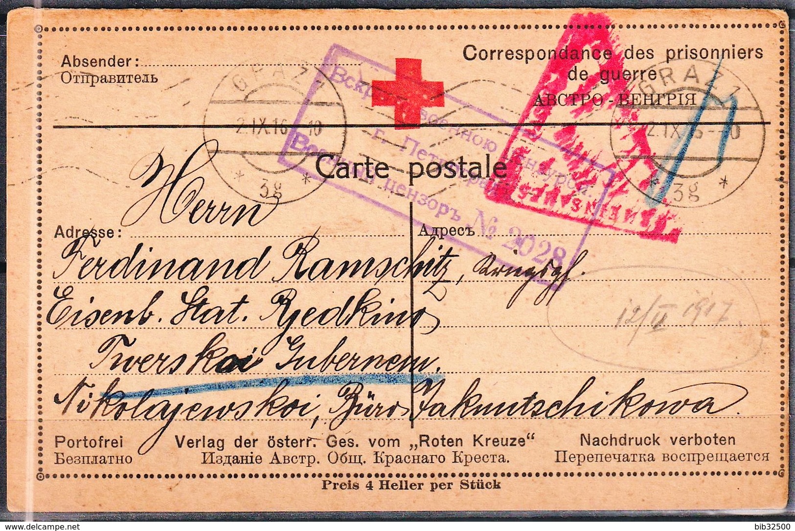 Correspondance Des Prisonniers De Guerre -:- Carte Poste Envoyée De GRAZ Pour NIKOLAEVSKOÏ (Siberie ) - - 1916-19 Duitse Bezetting