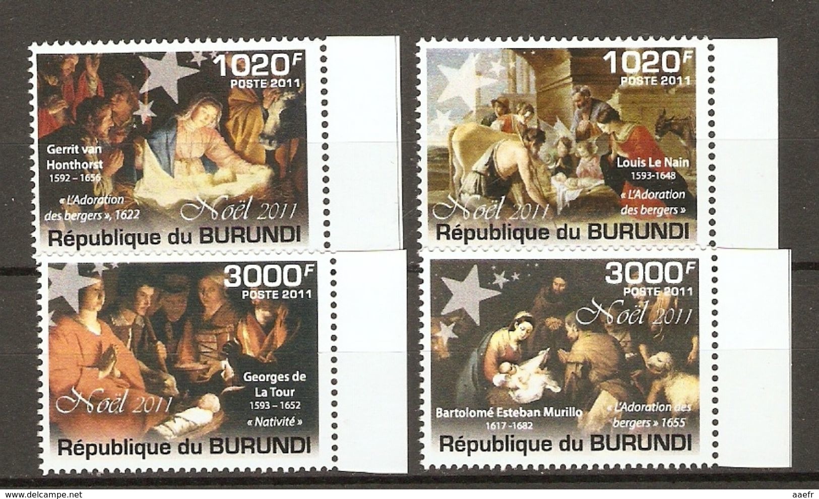 Burundi - 2011 - Noël - Série Complète MNH - Lenain - Murillo - De La Tour - Van Honthorst - Neufs