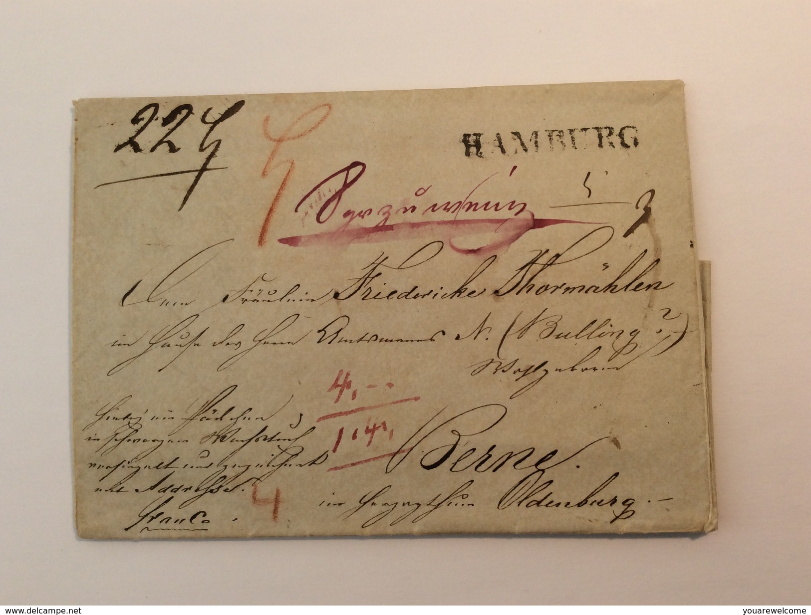 HAMBURG 1838 Seltener UNTERFRANKIERTER  PAKETBEGLEITBRIEF> Berne Oldenburg (Altdeutschland Vorphilatelie PBB Brief - Hamburg