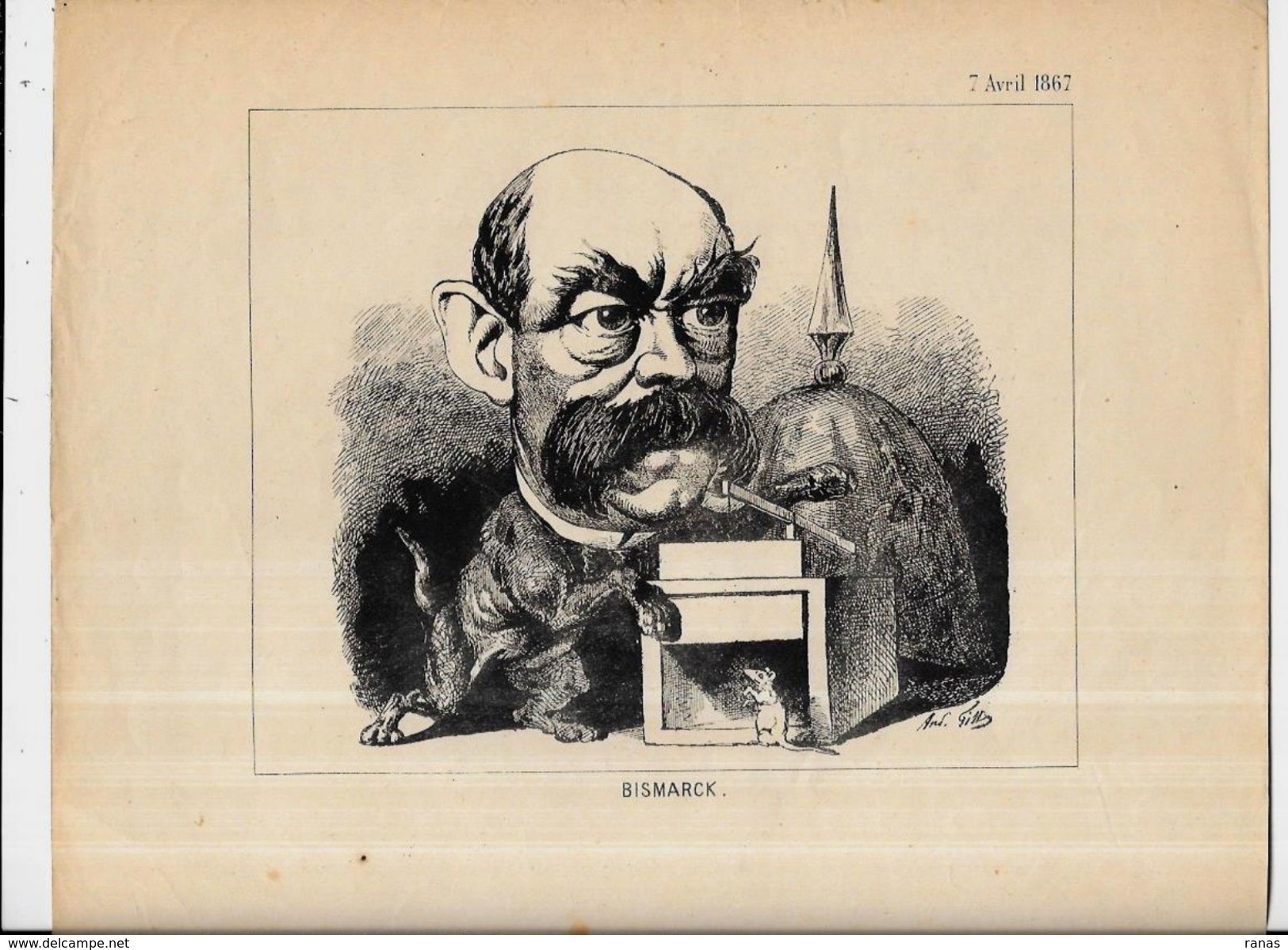 Estampe Gravure Satirique Caricature D'époque 1867 Bismarck Souris Mouse Piège André Gill - Estampes & Gravures