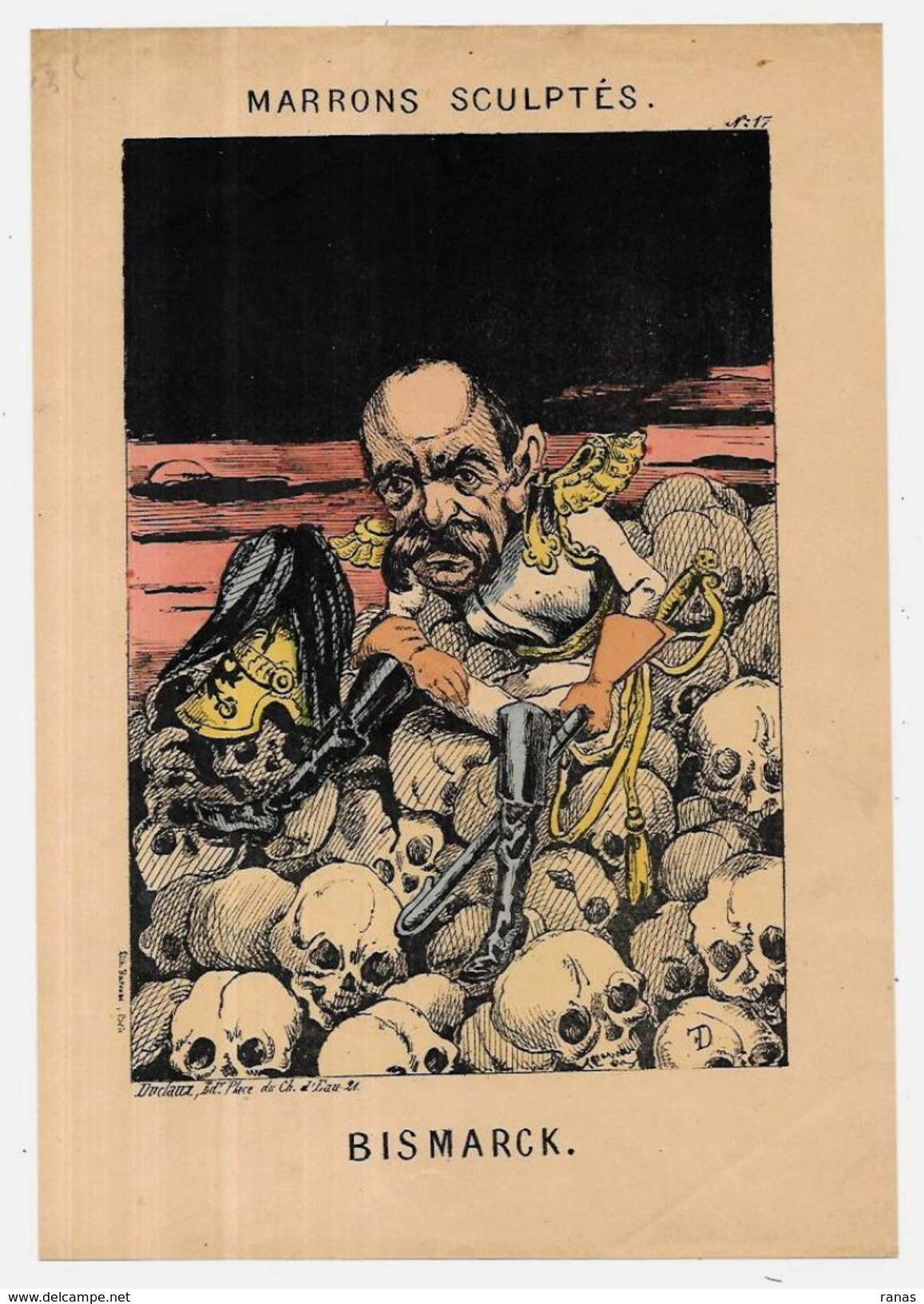 Estampe Gravure Satirique Caricature D'époque 1870 Bismarck Mort Squelette Crane - Estampes & Gravures