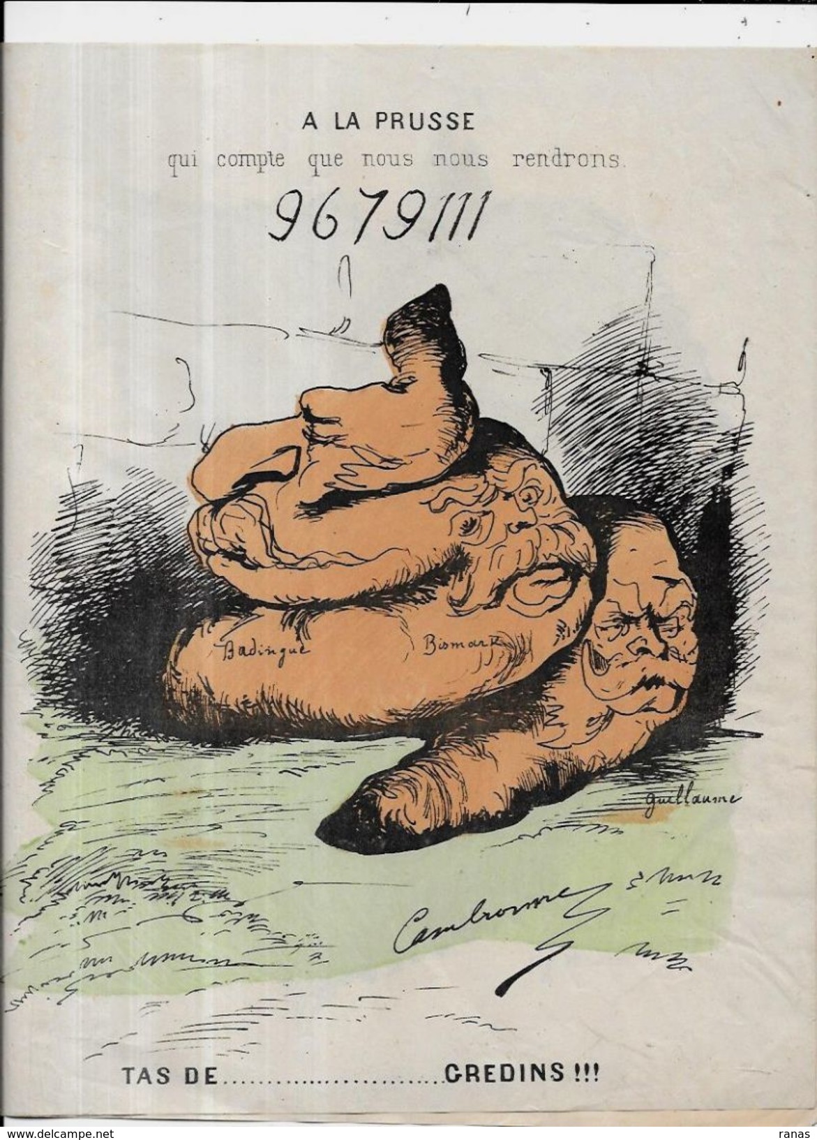 Estampe Gravure Satirique Caricature D'époque 1870 Bismarck Guillaume Napoléon III Deux Volets Scatologie - Estampas & Grabados