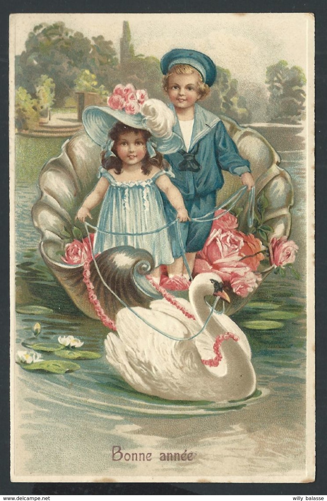 +++ CPA - Carte Fantaisie - Enfant Fille Fillette Girl - Fleur Rose - Cygne - Voeux - Embossed Relief - G.G.K. 394   // - Nouvel An