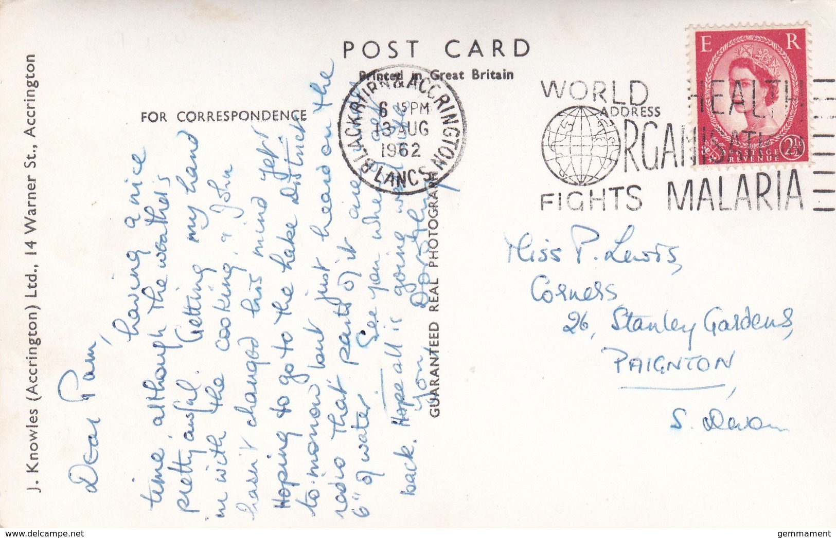 WORLD HEALTH ORGANISATION FIGHTS MALARIA  1962 - Postmark Collection