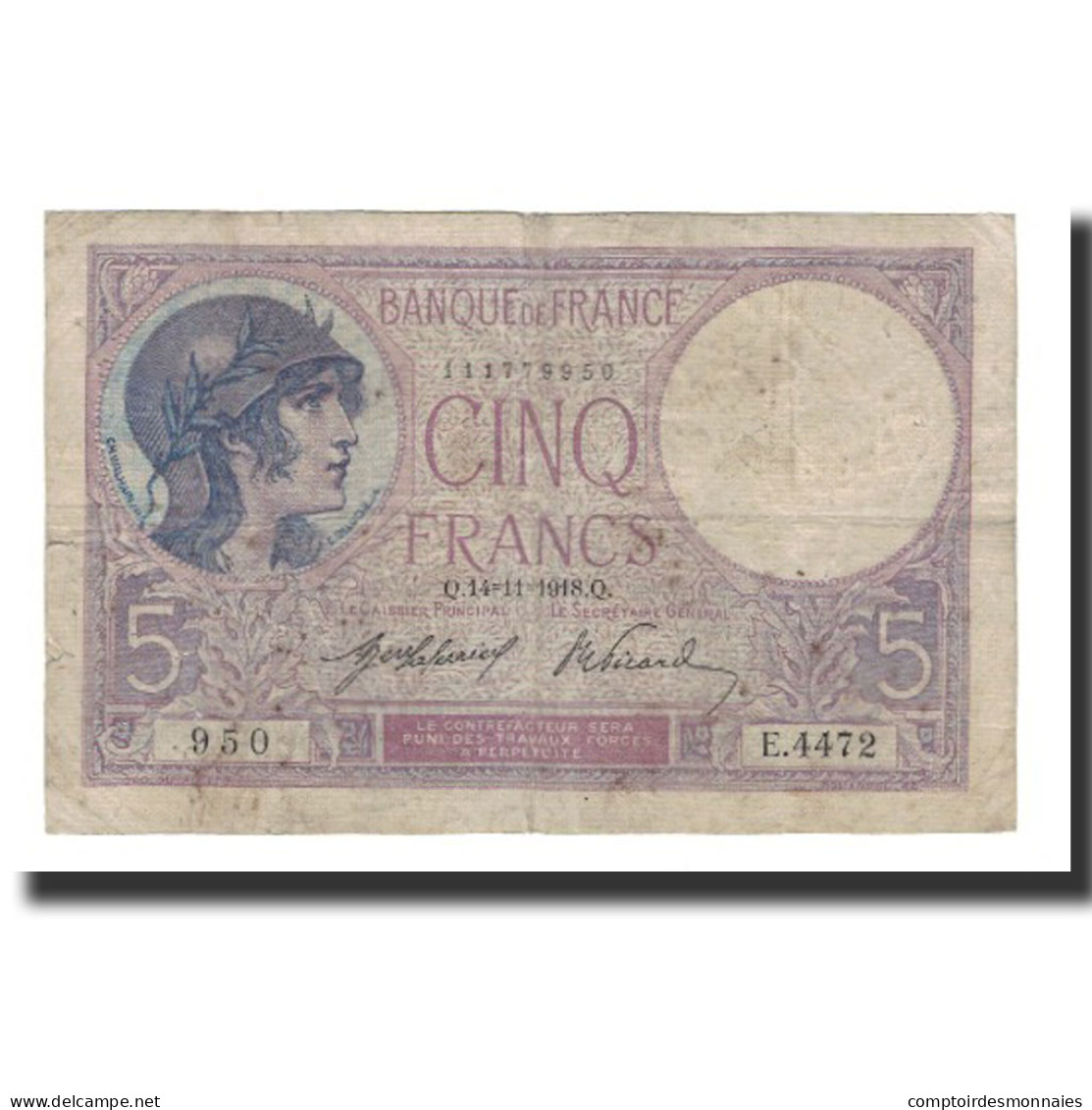 Billet, France, 5 Francs, 1918-11-14, TB, Fayette:3.2, KM:72a - 5 F 1917-1940 ''Violet''