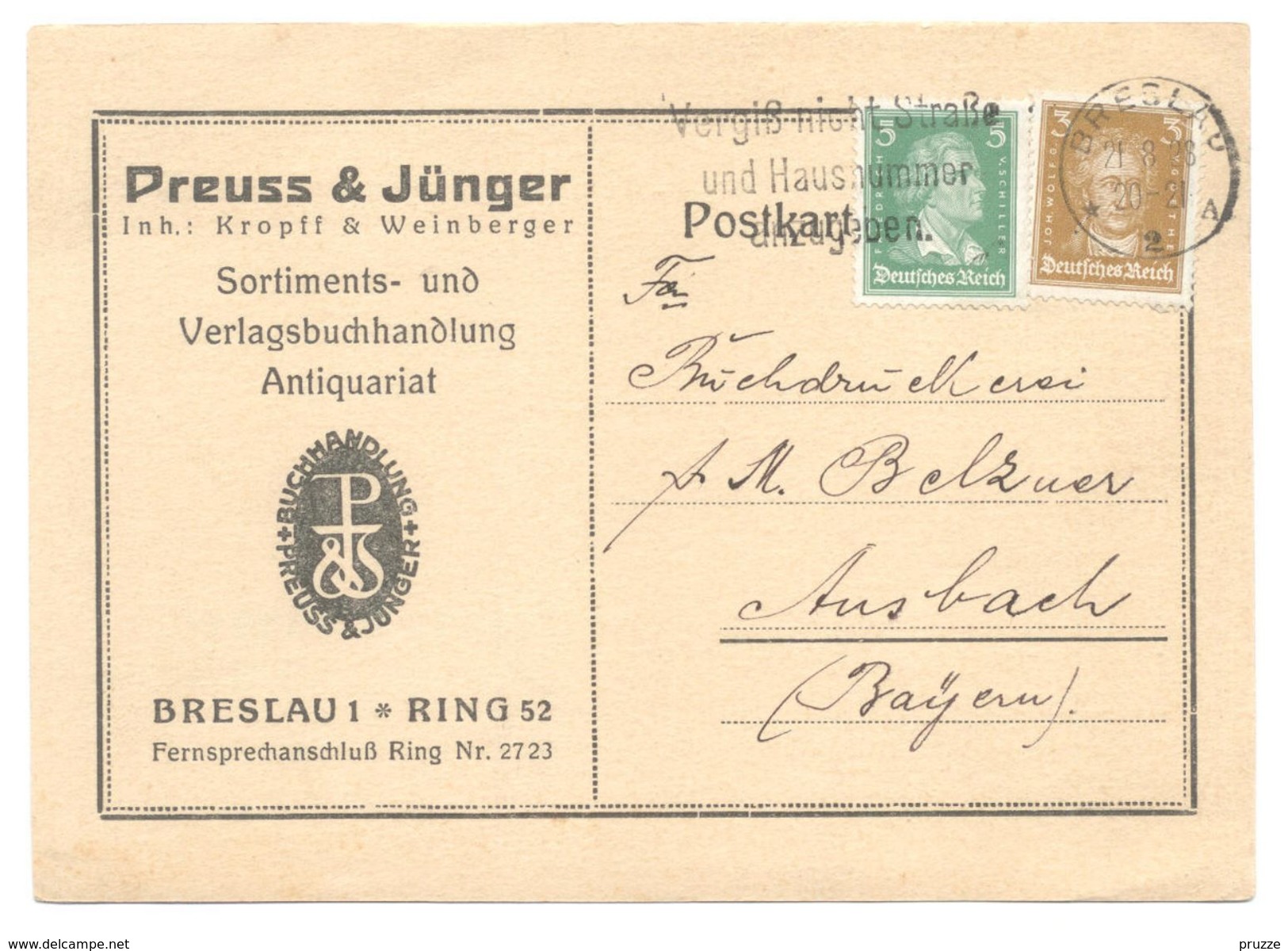 Firmen-Ganzsache Postkarte, Preuss & Jünger Breslau 1928 Nach Ansbach - Briefkaarten