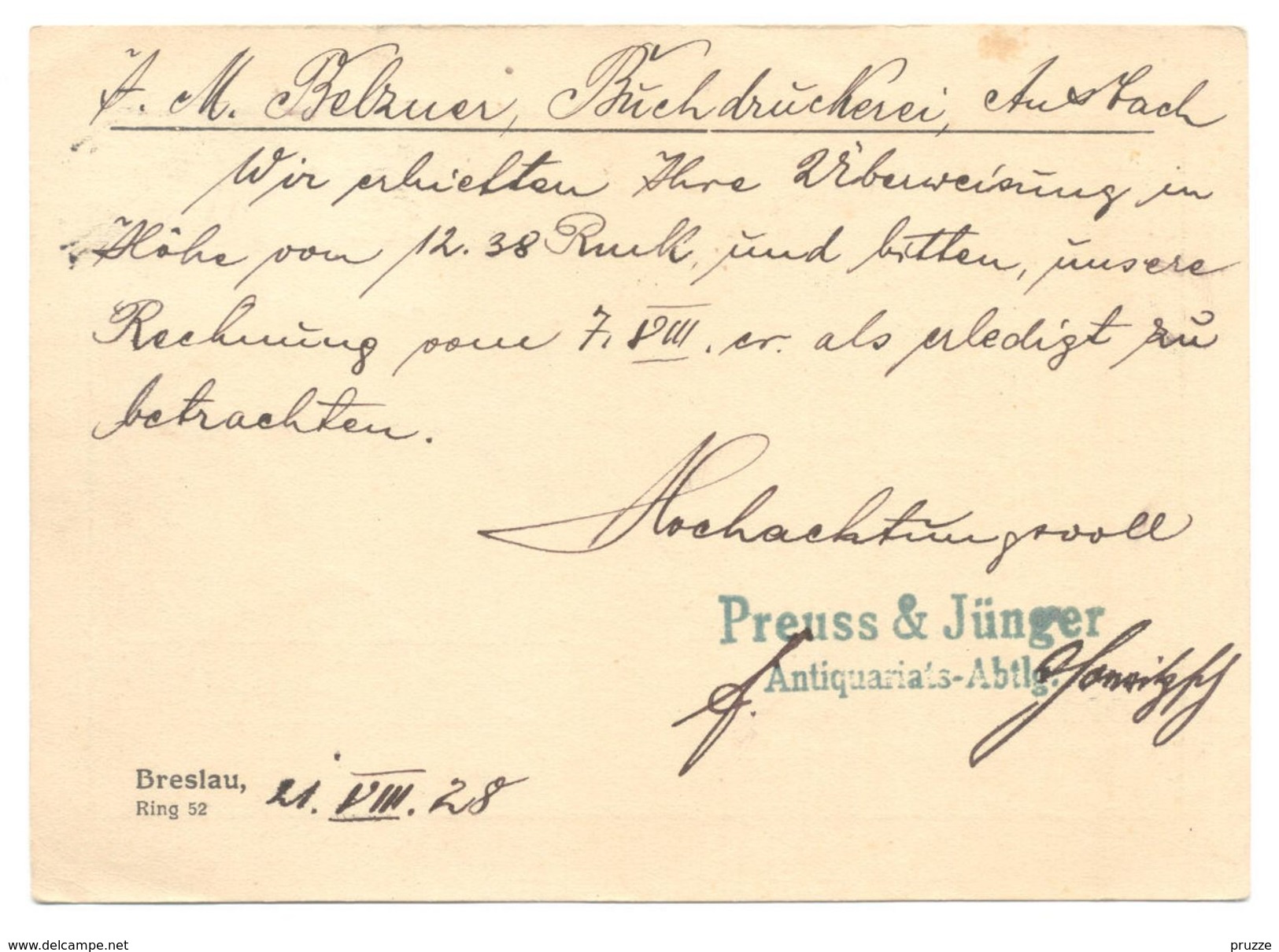 Firmen-Ganzsache Postkarte, Preuss & Jünger Breslau 1928 Nach Ansbach - Postcards